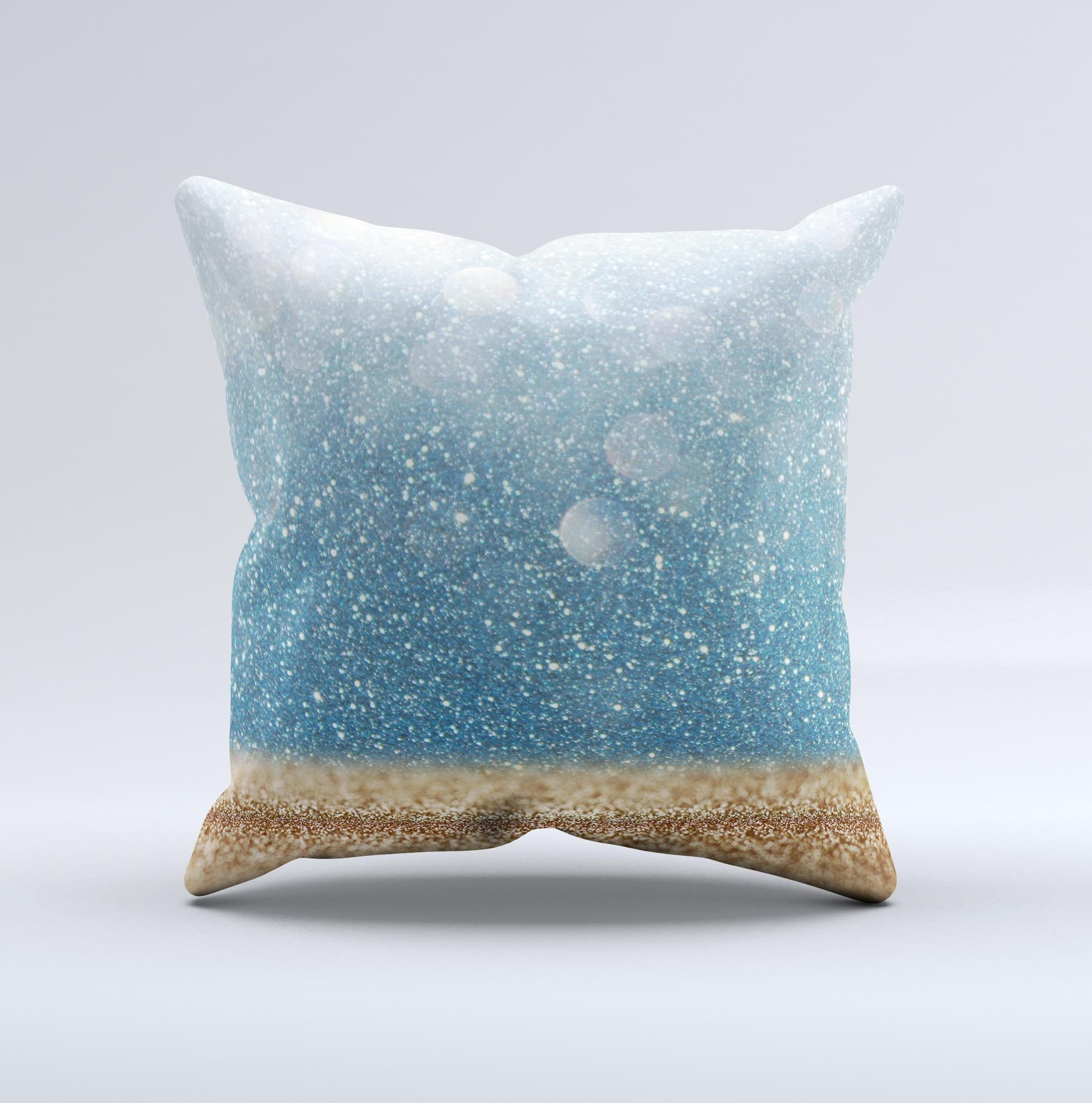 A beautifully handcrafted throw pillow featuring an unfocused radiant beach scene, showcasing vibrant colors and unique design imperfections.