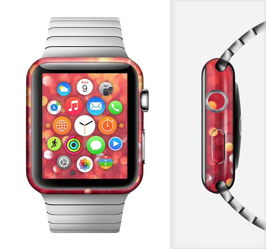The Unfocused Red Showers Full-Body Skin Kit for Apple Watch, showcasing vibrant red design and premium vinyl material.