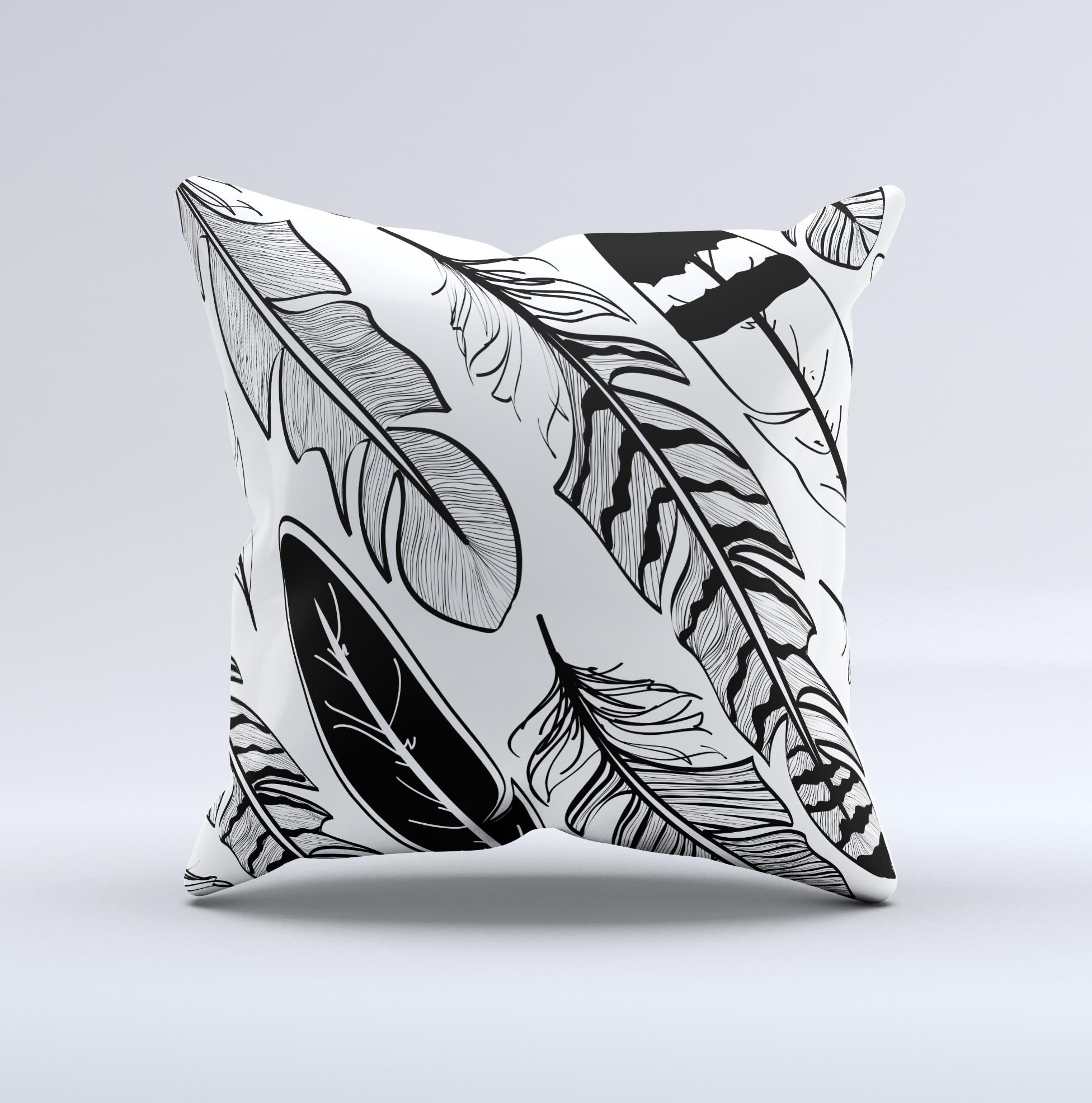 Vector Black and White Feathers ink-Fuzed Decorative Throw Pillow showcasing unique feather design and high-quality fabric.