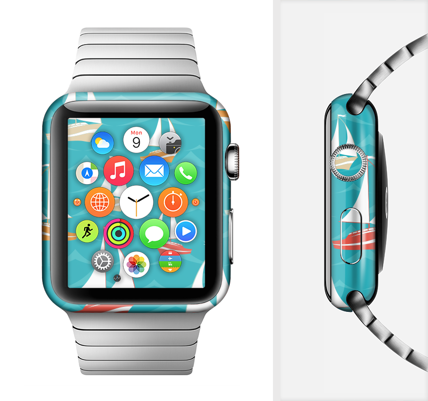 Vector Colored Sailboats Full-Body Skin Kit for Apple Watch, showcasing vibrant nautical design and premium vinyl material.