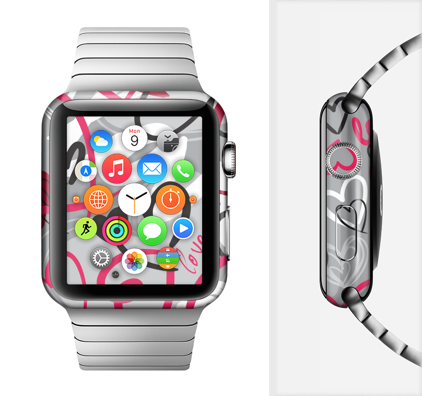 Vector Love Hearts Collage Full-Body Skin Kit for Apple Watch, showcasing a vibrant heart design on a sleek watch.