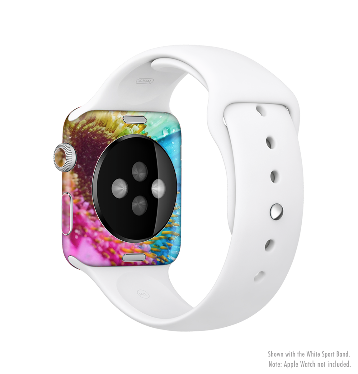 Vibrant Colored Wet Flower Full-Body Skin Kit for Apple Watch showcasing a colorful floral design on a sleek watch.