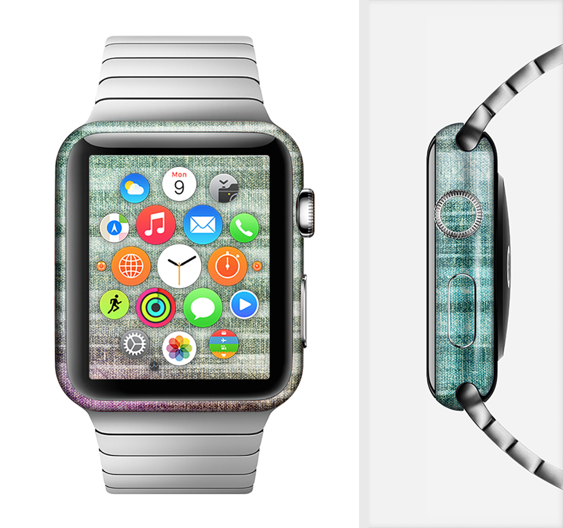 The Vibrant Fold Colored Fabric Full-Body Skin Kit for Apple Watch showcasing vibrant colors and a sleek design.