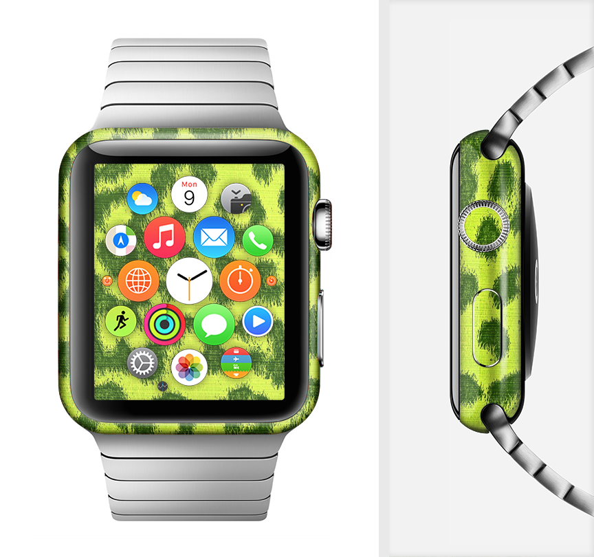 Vibrant Green Cheetah Full-Body Skin Kit for Apple Watch, showcasing a stylish design with a protective vinyl finish.