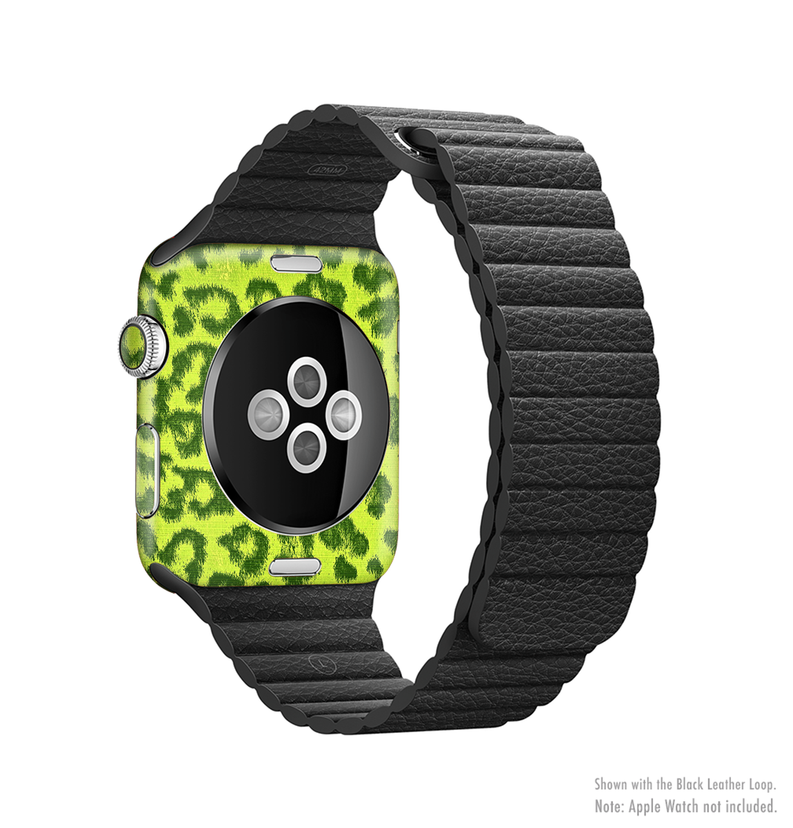 Vibrant Green Cheetah Full-Body Skin Kit for Apple Watch, showcasing a stylish design with a protective vinyl finish.