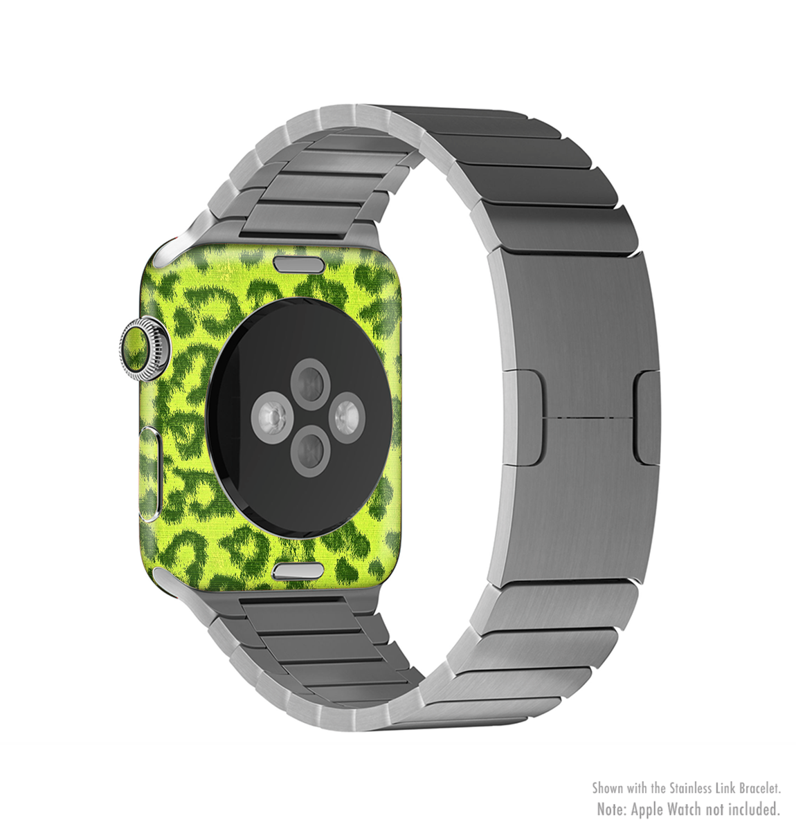Vibrant Green Cheetah Full-Body Skin Kit for Apple Watch, showcasing a stylish design with a protective vinyl finish.