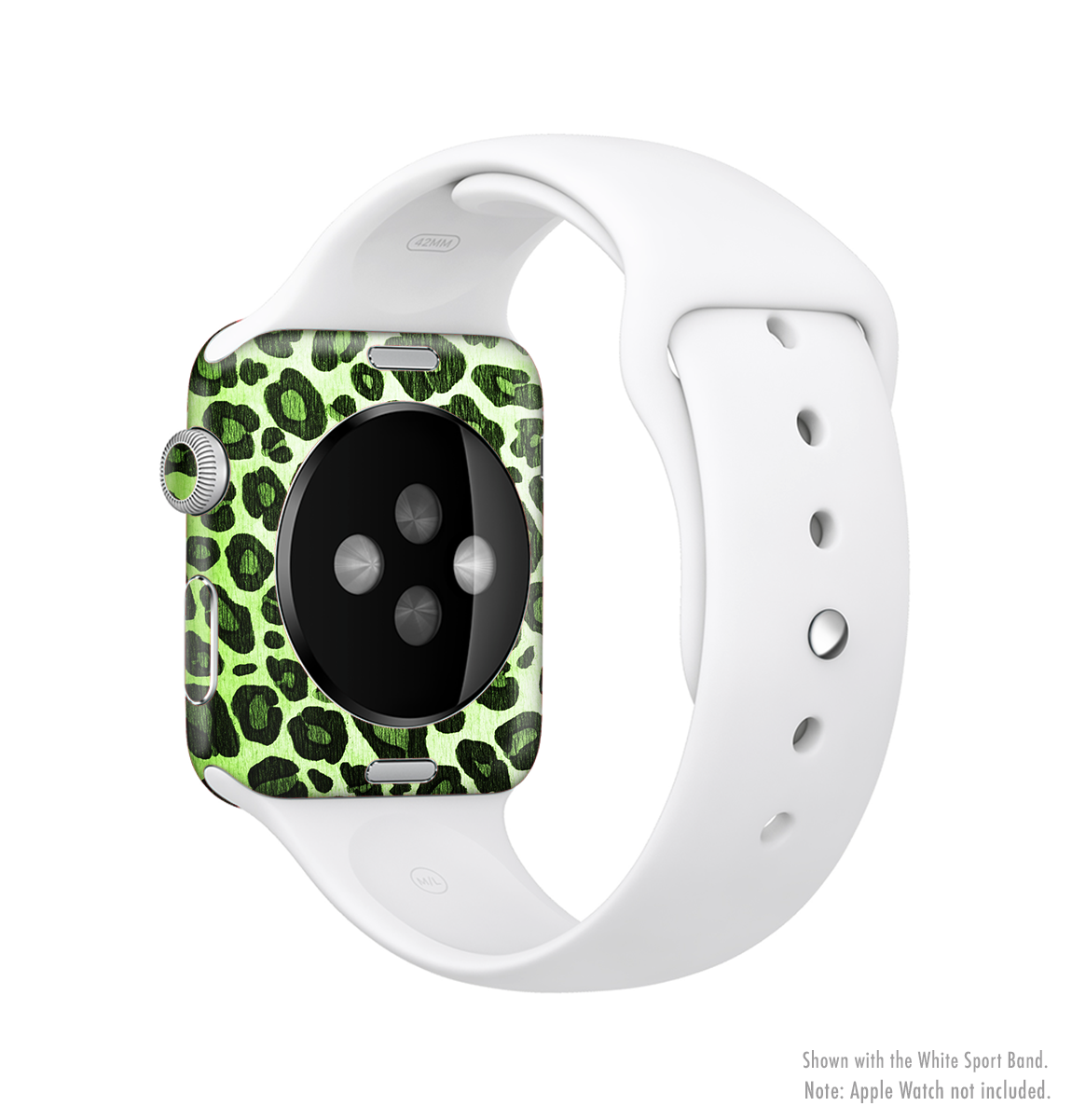 Vibrant green leopard print skin kit for Apple Watch, showcasing a stylish design that fits snugly around the device.
