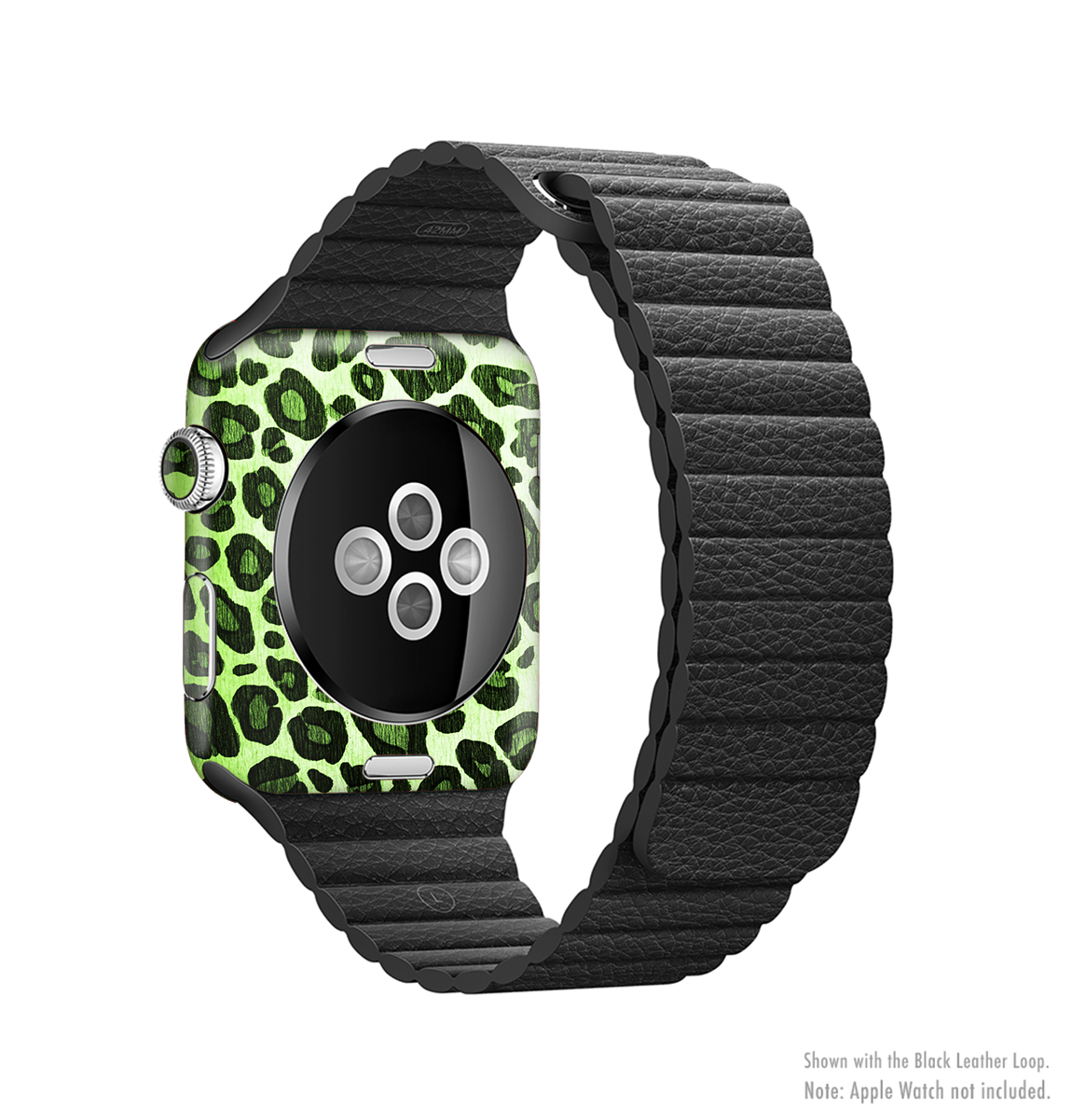Vibrant green leopard print skin kit for Apple Watch, showcasing a stylish design that fits snugly around the device.