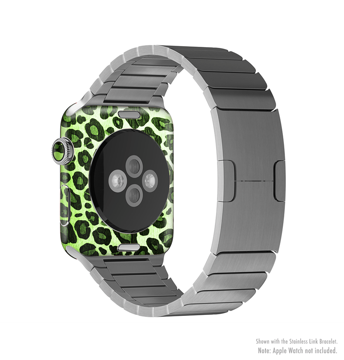 Vibrant green leopard print skin kit for Apple Watch, showcasing a stylish design that fits snugly around the device.