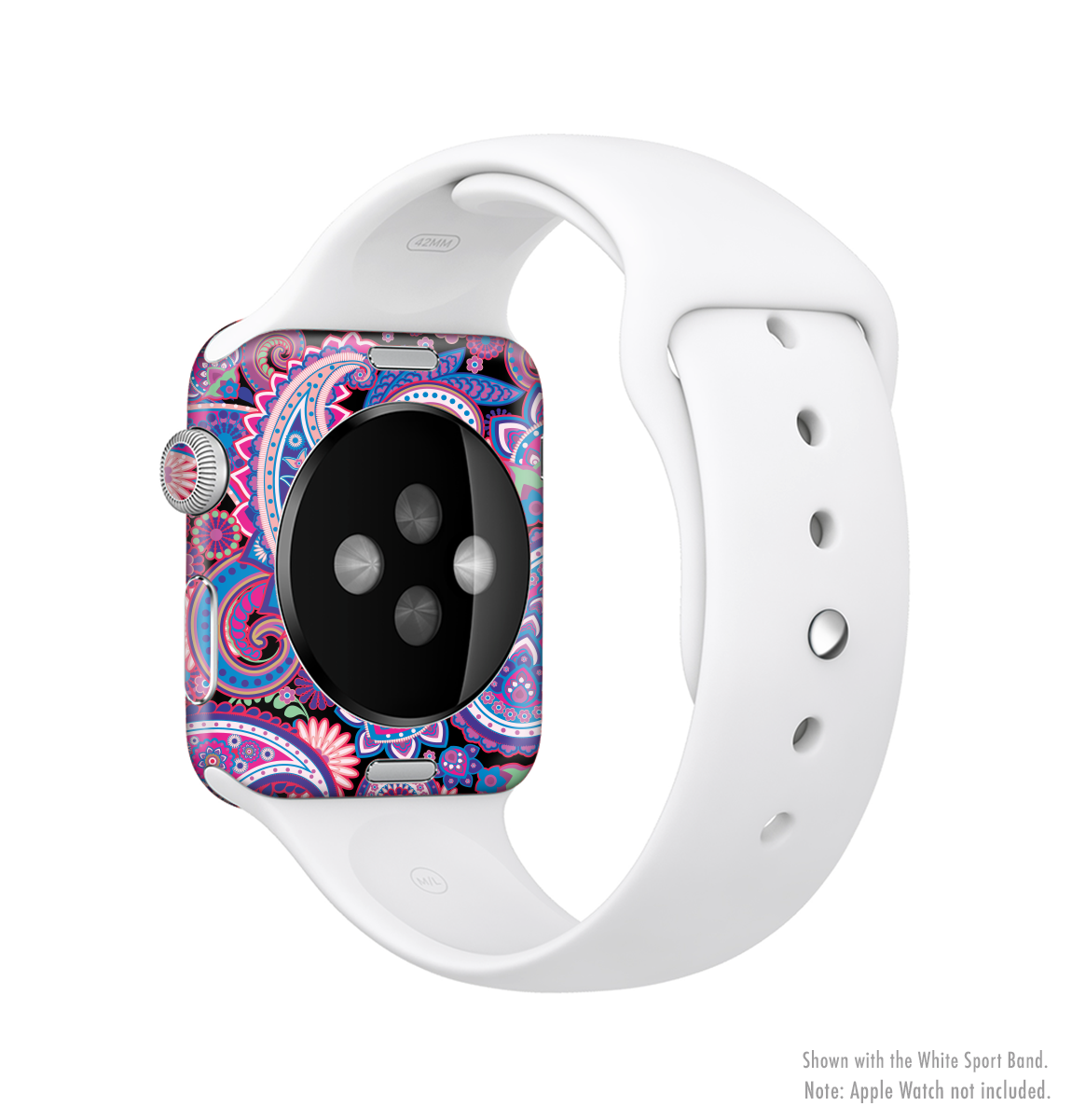 Vibrant Purple Paisley V5 Full-Body Skin Kit for Apple Watch, showcasing a stylish design that fits perfectly and offers protection.