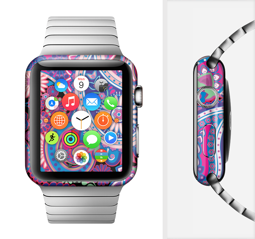 Vibrant Purple Paisley V5 Full-Body Skin Kit for Apple Watch, showcasing a stylish design that fits perfectly and offers protection.
