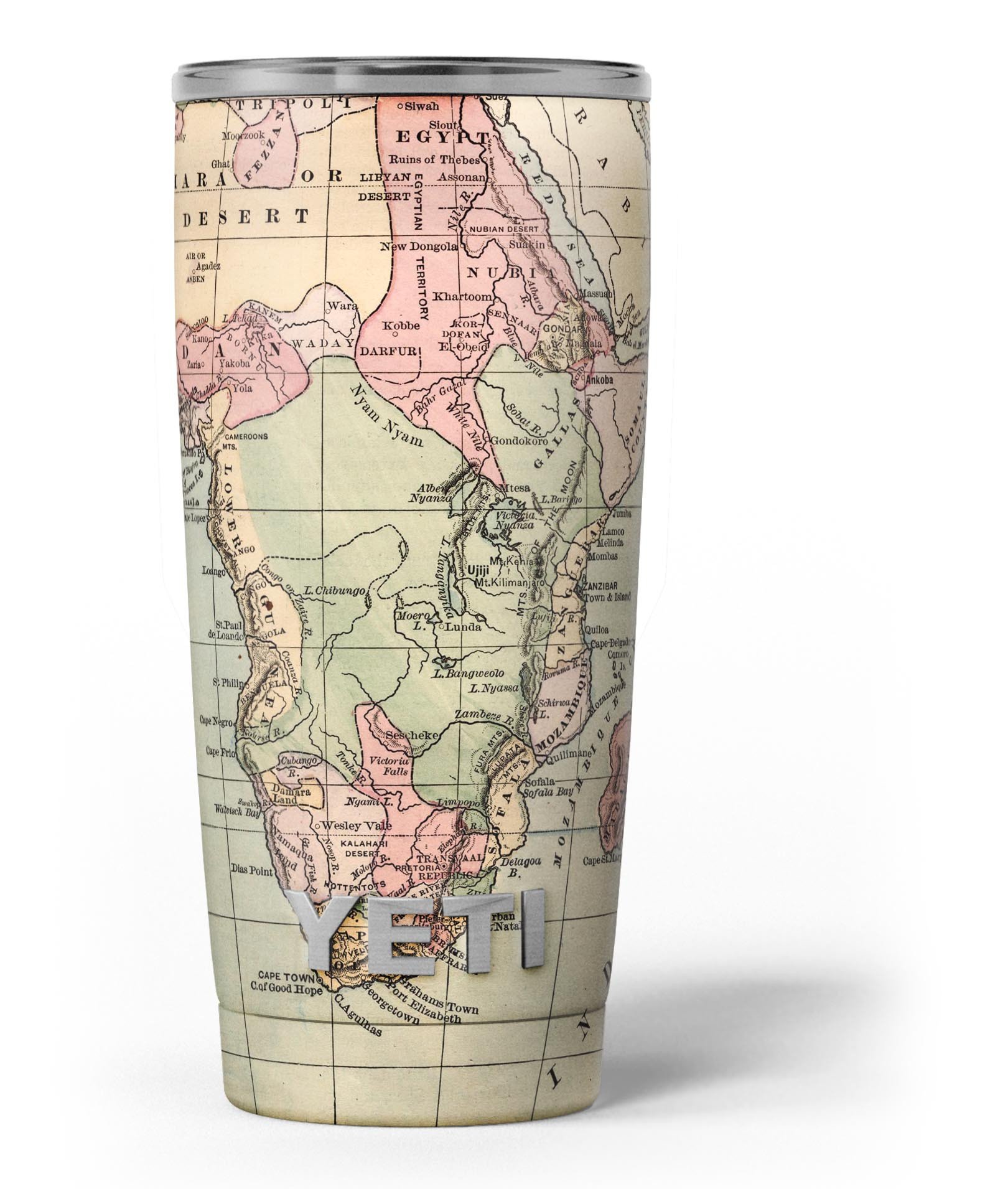 The Vintage African Map skin decal vinyl wrap kit for Yeti Coolers, showcasing a vibrant and intricate design.