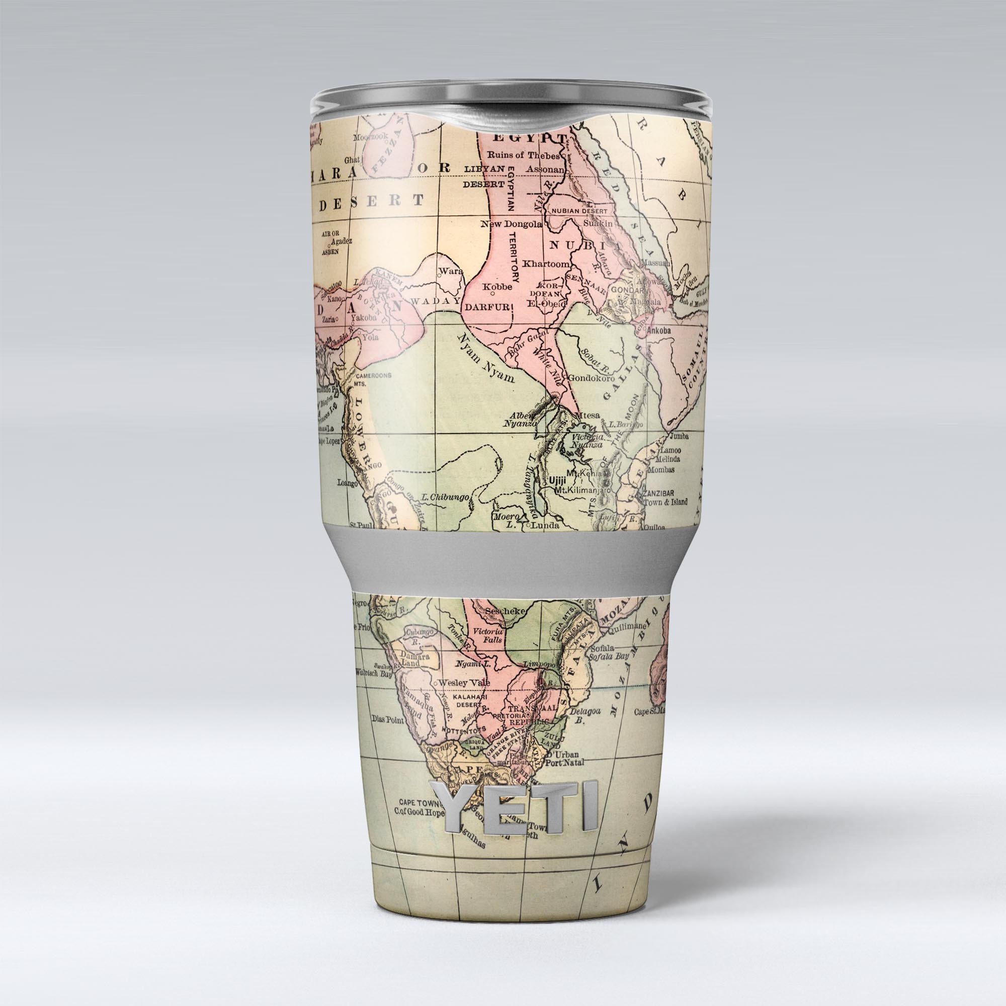 The Vintage African Map skin decal vinyl wrap kit for Yeti Coolers, showcasing a vibrant and intricate design.