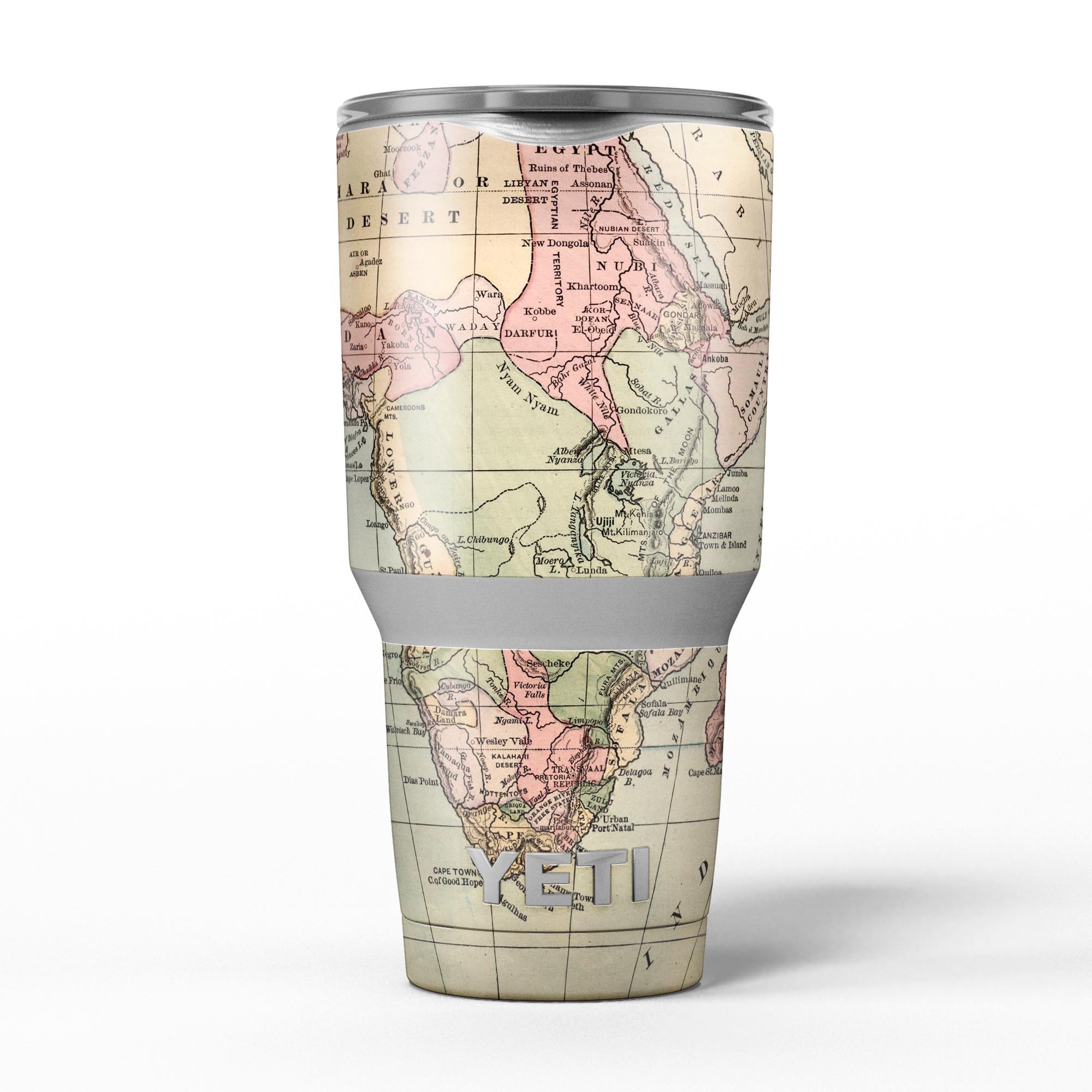 The Vintage African Map skin decal vinyl wrap kit for Yeti Coolers, showcasing a vibrant and intricate design.