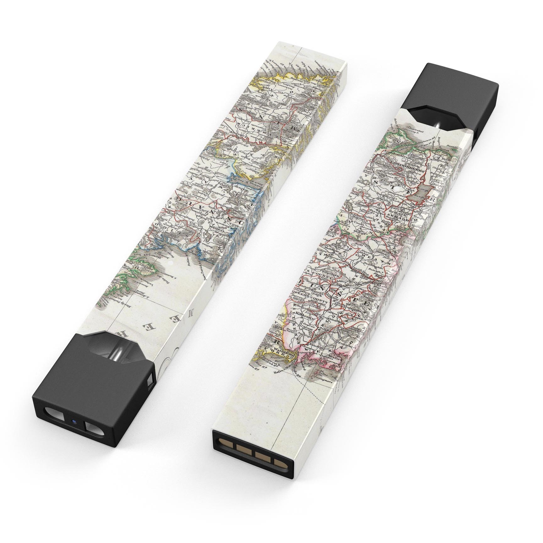 The Vintage Ireland Map skin wrap for JUUL vaping device, showcasing a detailed vintage map design with vibrant colors.