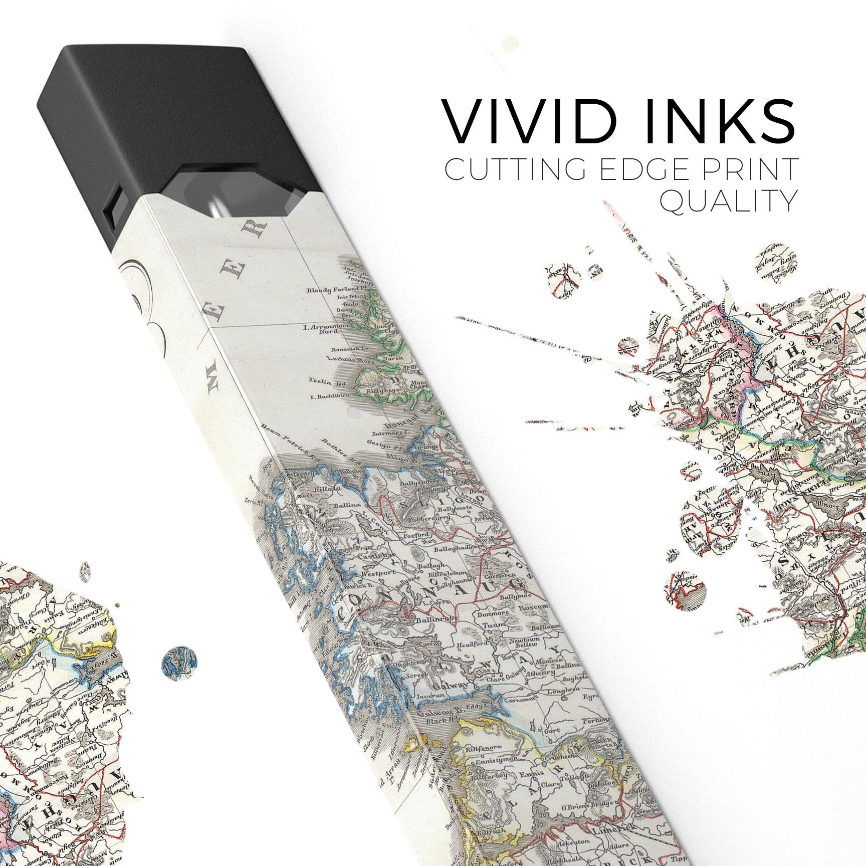 The Vintage Ireland Map skin wrap for JUUL vaping device, showcasing a detailed vintage map design with vibrant colors.
