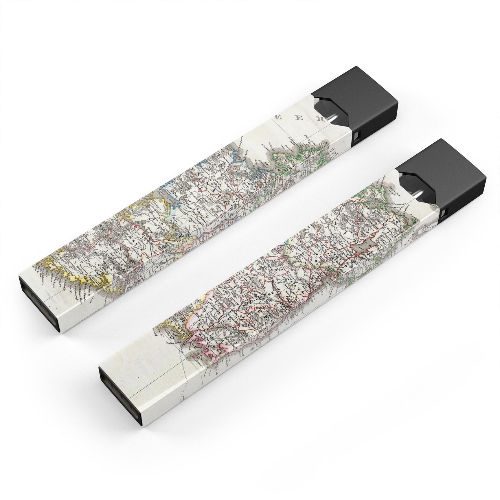 The Vintage Ireland Map skin wrap for JUUL vaping device, showcasing a detailed vintage map design with vibrant colors.