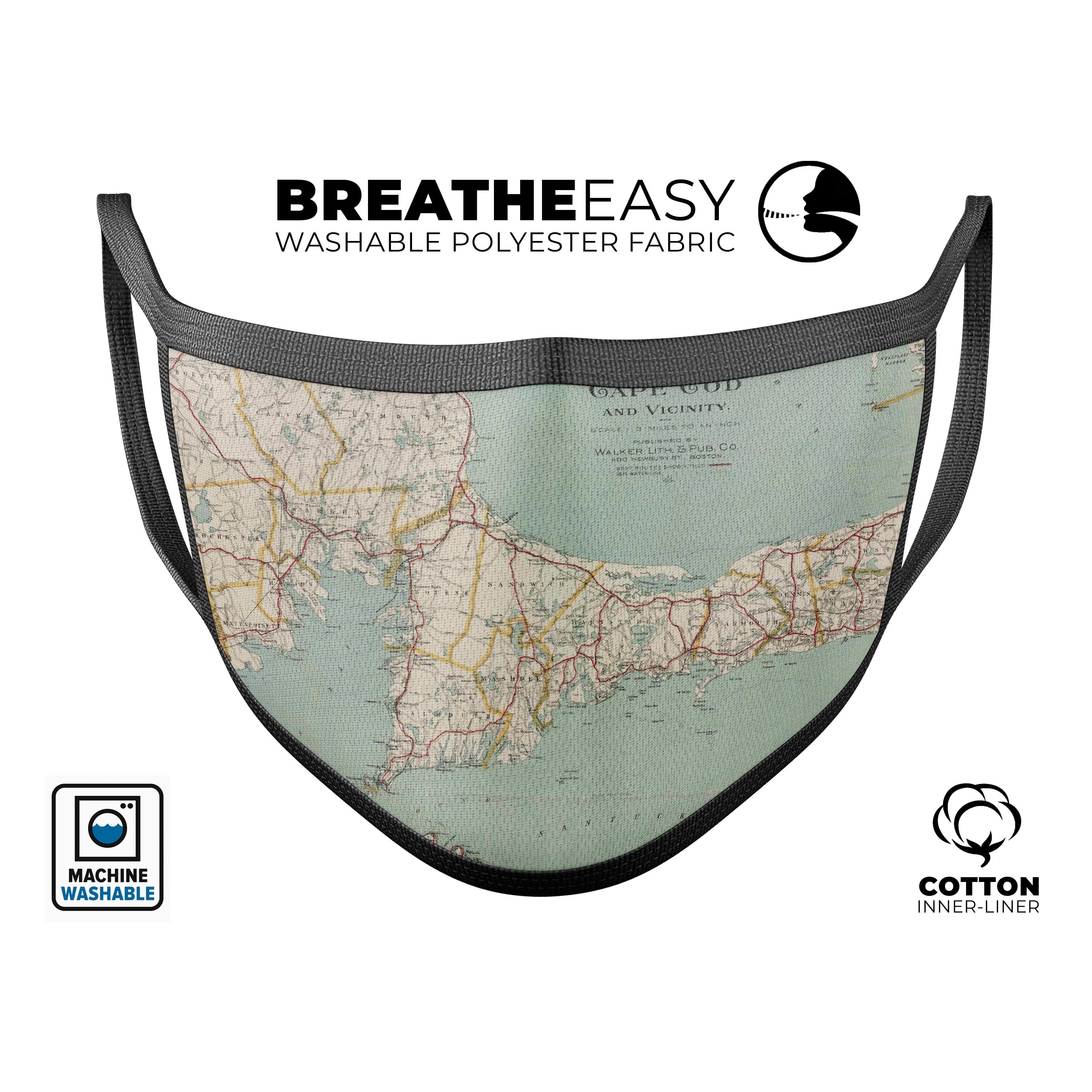 Vintage Map of Cape Cod face mask, featuring a colorful design and adjustable ear loops for a comfortable fit.