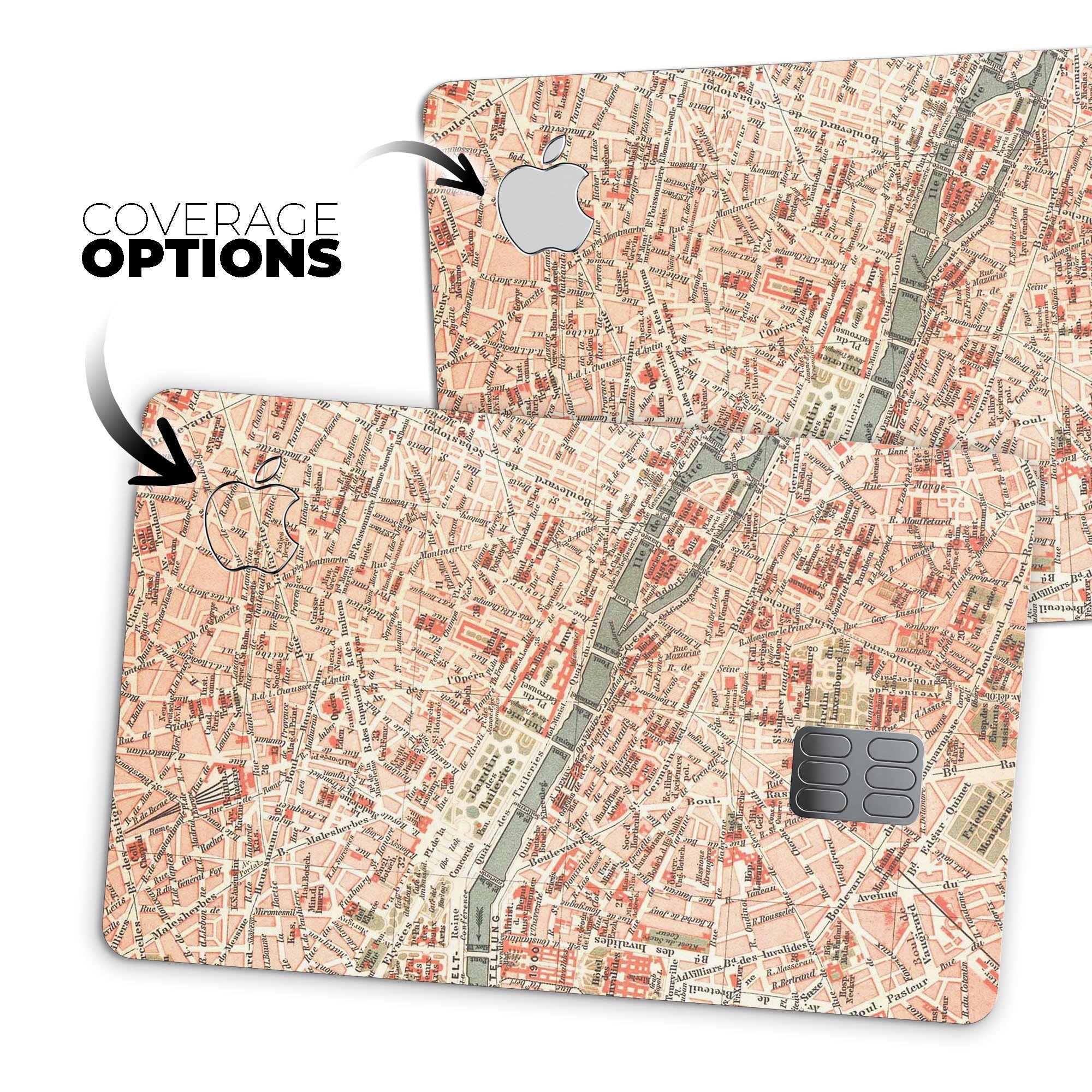 Vintage Paris Overview Map skin for Apple Card, showcasing intricate design and premium quality.