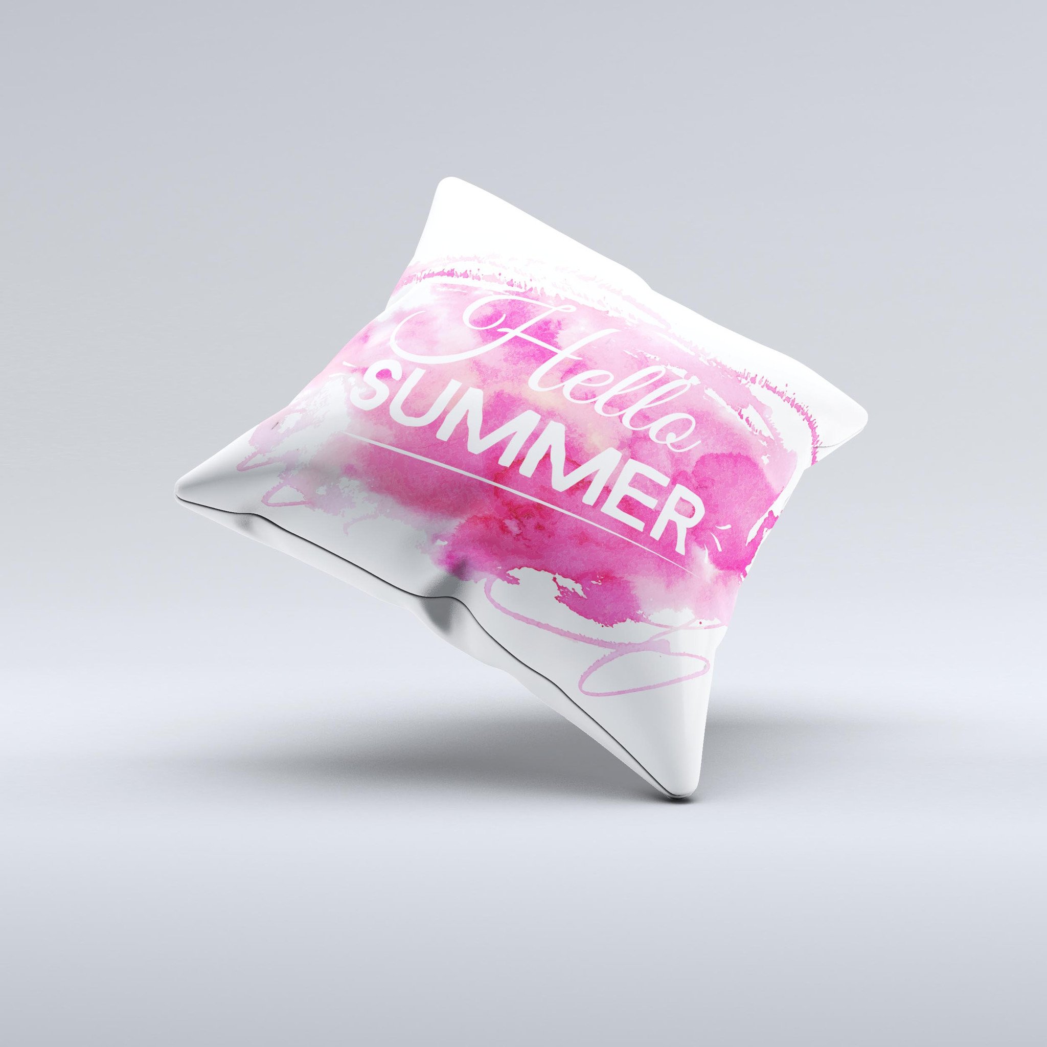 Vivid Pink Hello Summer ink-Fuzed Decorative Throw Pillow with unique design, handcrafted in Virginia, showcasing vibrant colors and high-quality fabric.