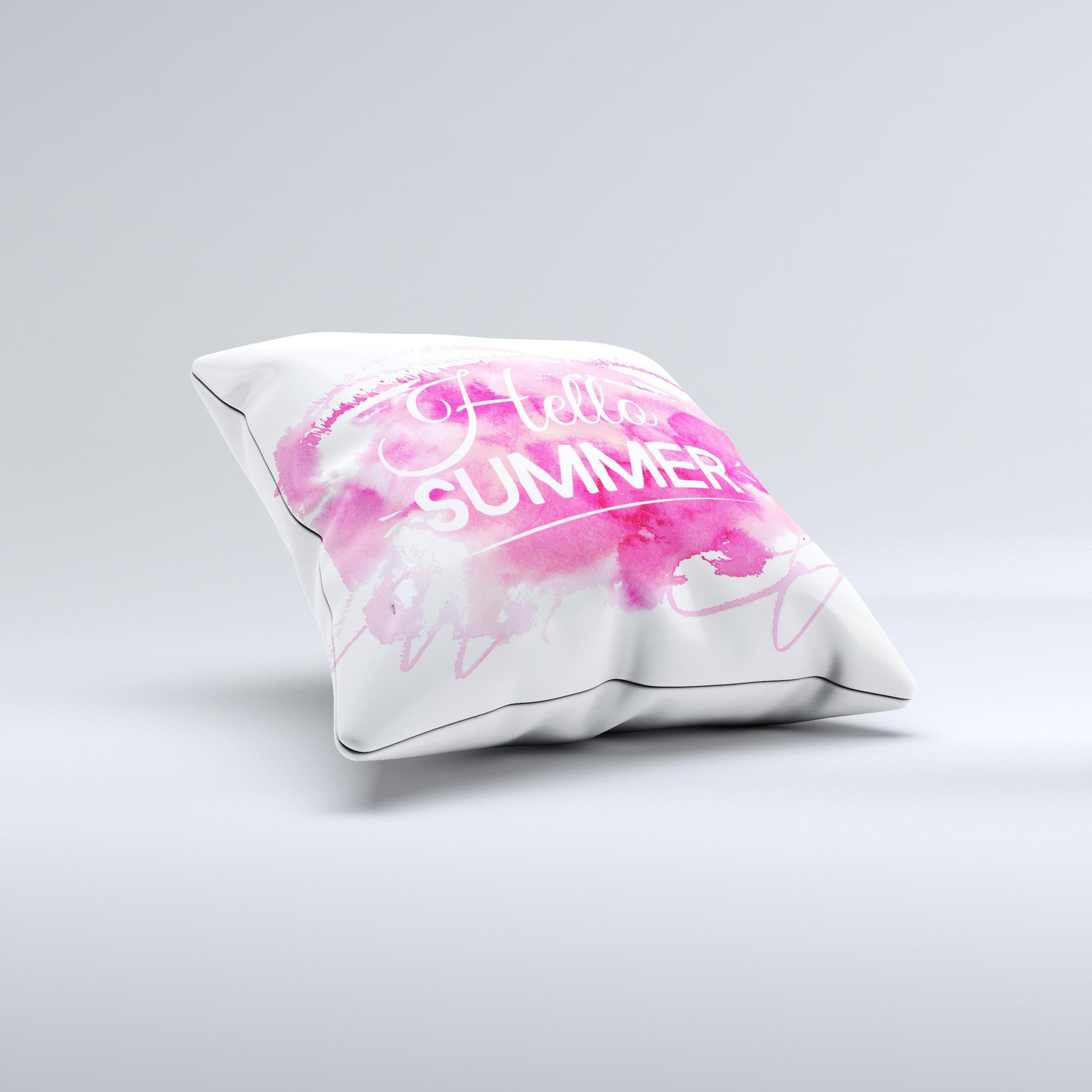 Vivid Pink Hello Summer ink-Fuzed Decorative Throw Pillow with unique design, handcrafted in Virginia, showcasing vibrant colors and high-quality fabric.