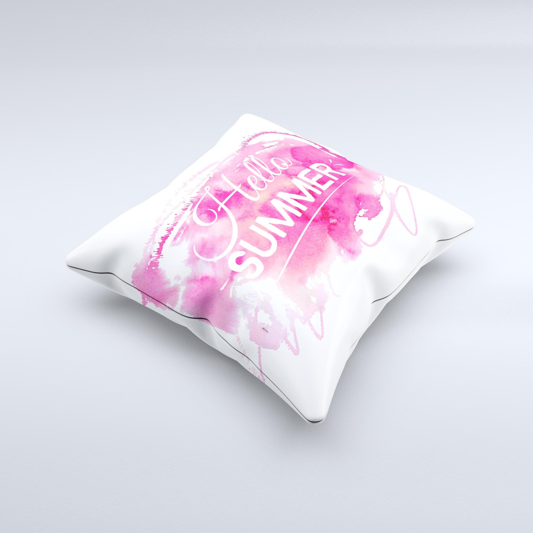 Vivid Pink Hello Summer ink-Fuzed Decorative Throw Pillow with unique design, handcrafted in Virginia, showcasing vibrant colors and high-quality fabric.