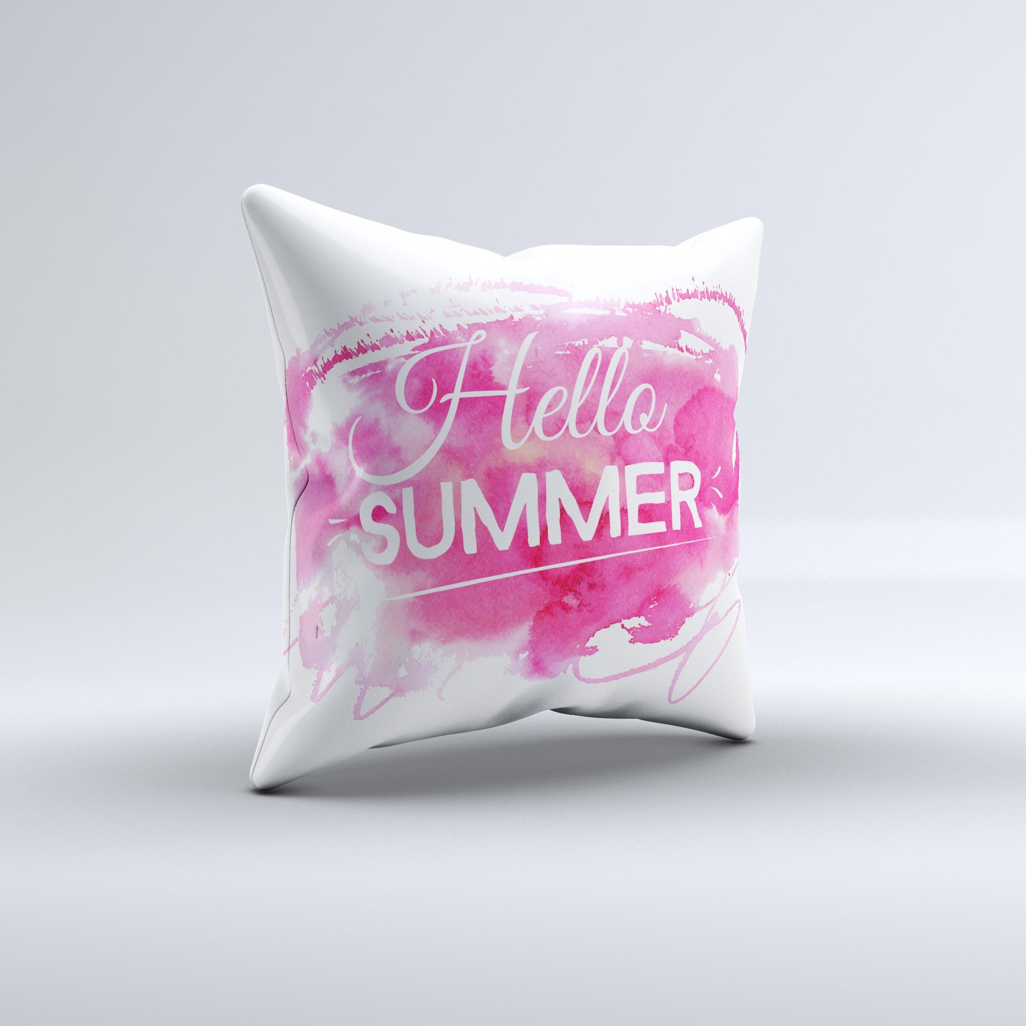 Vivid Pink Hello Summer ink-Fuzed Decorative Throw Pillow with unique design, handcrafted in Virginia, showcasing vibrant colors and high-quality fabric.