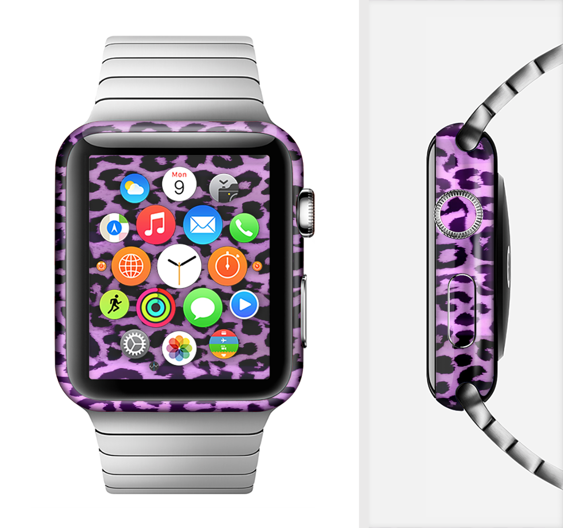 Vivid Purple Leopard Print Full-Body Skin Kit for Apple Watch, showcasing vibrant colors and stylish design.