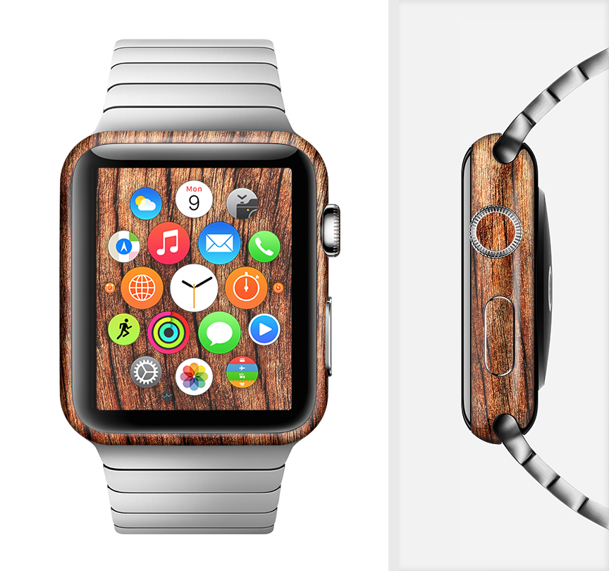 Warped Wood Full-Body Skin Kit for Apple Watch showcasing its stylish design and premium vinyl material.
