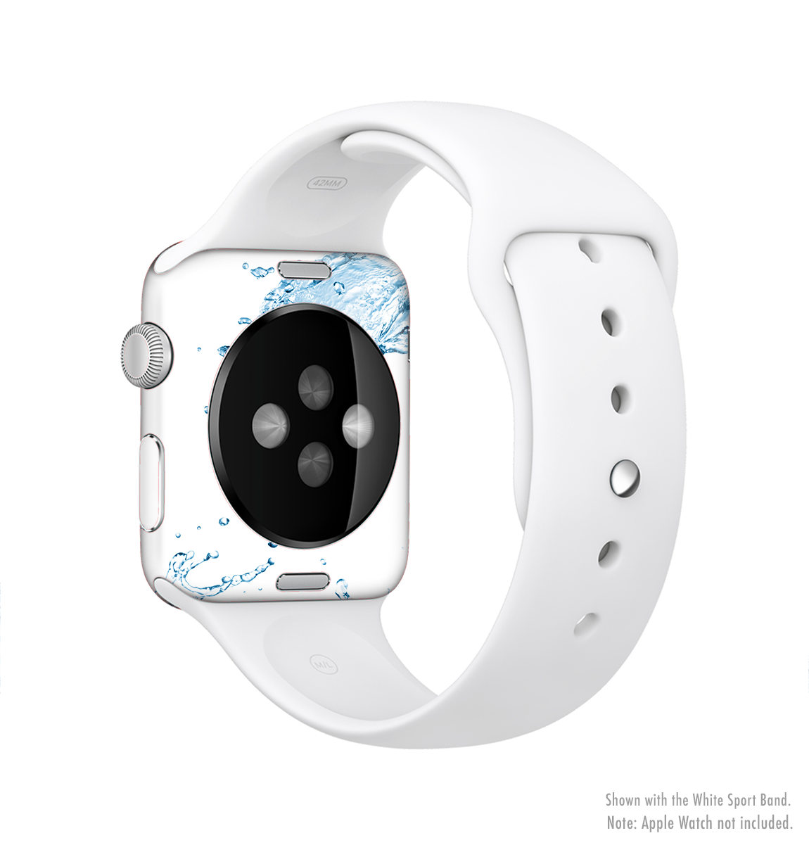 The Water Splashing Wave Full-Body Skin Kit for Apple Watch featuring a vibrant water splash design, showcasing its premium vinyl material.