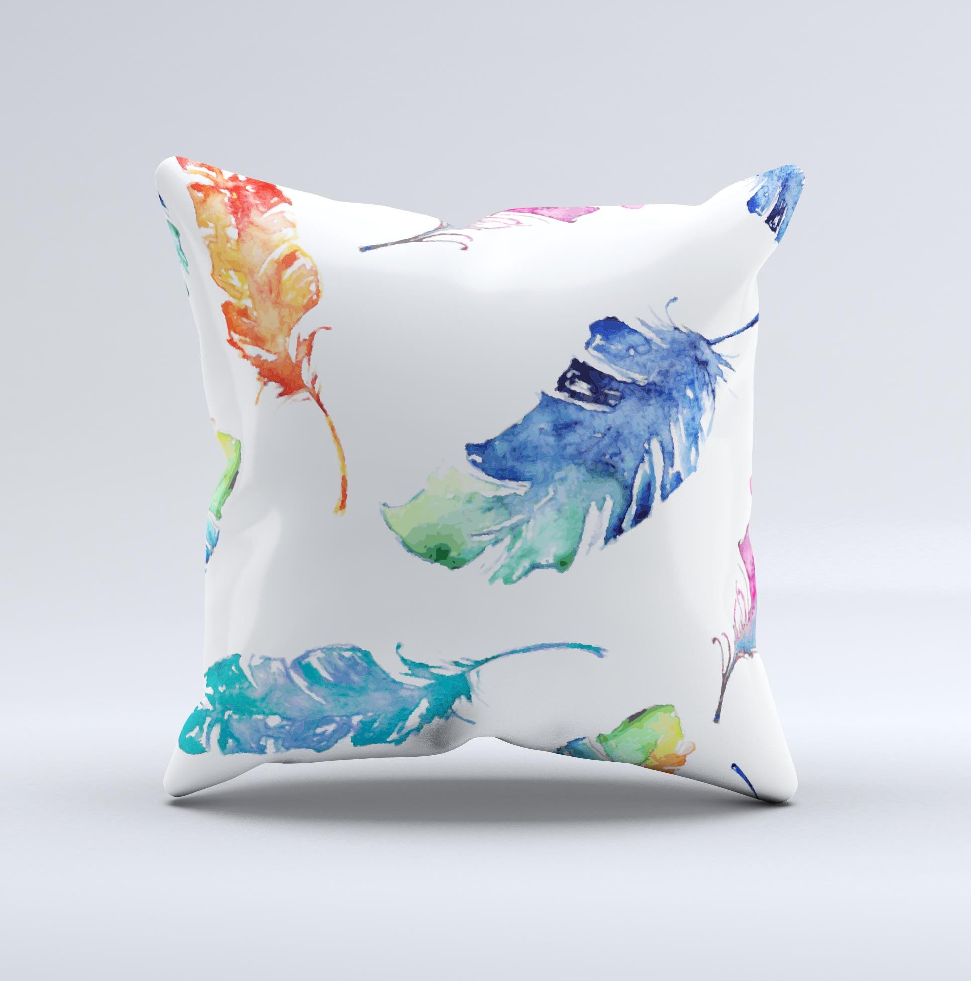 A beautifully handcrafted decorative throw pillow featuring a vibrant watercolour feather design, made in Virginia with high-quality materials.