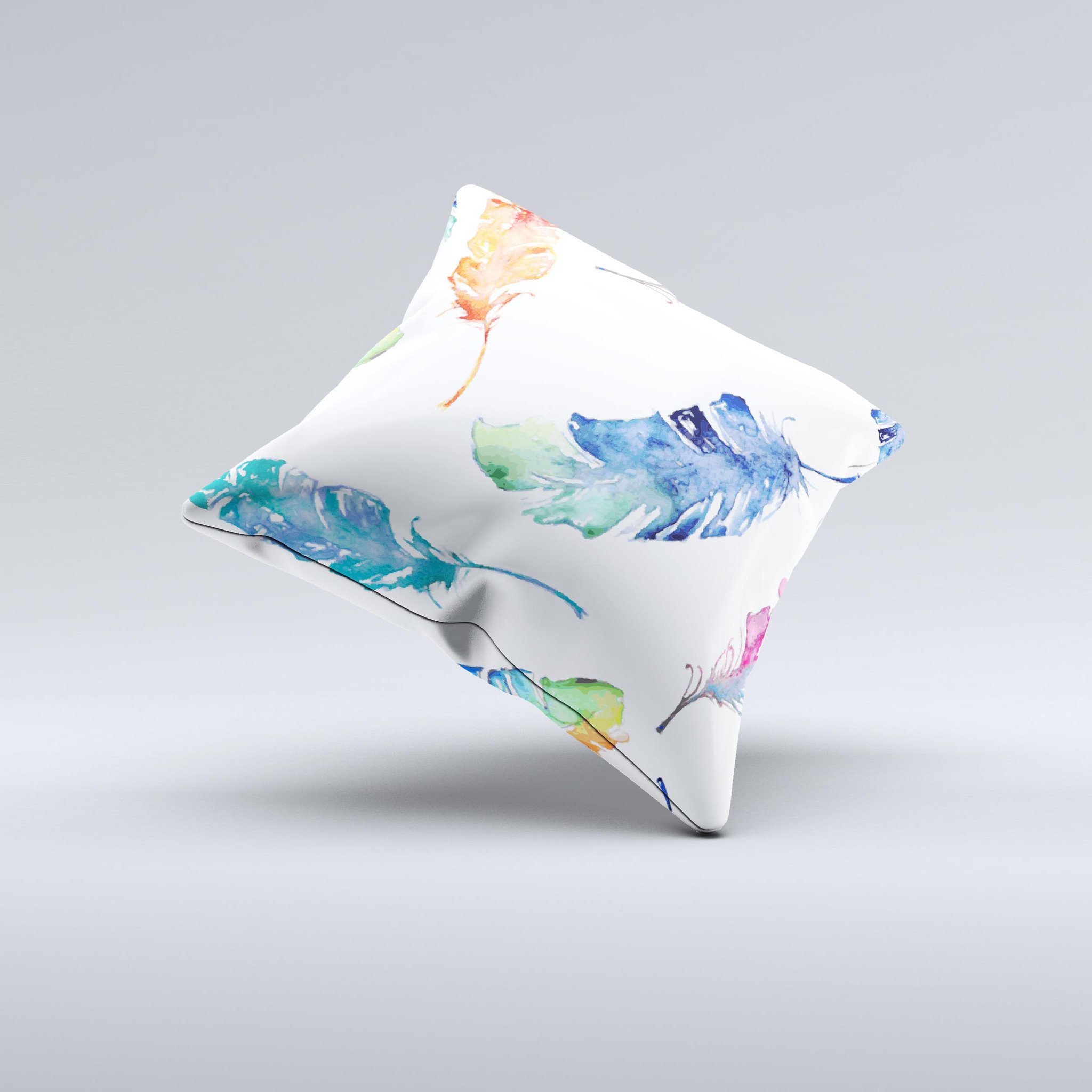 A beautifully handcrafted decorative throw pillow featuring a vibrant watercolour feather design, made in Virginia with high-quality materials.