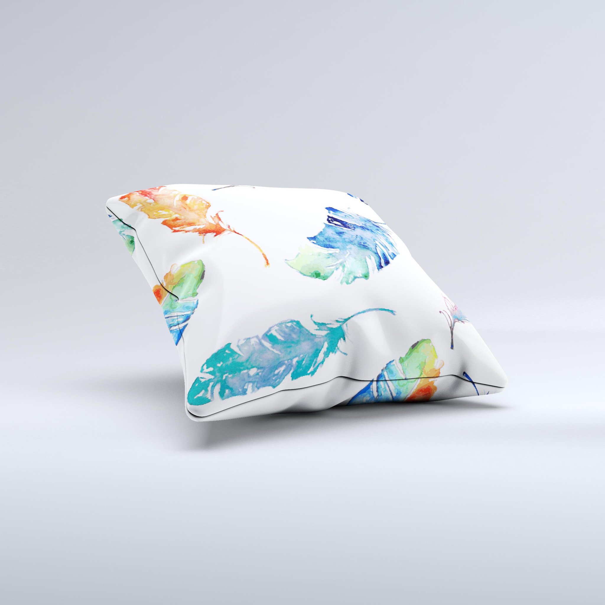 A beautifully handcrafted decorative throw pillow featuring a vibrant watercolour feather design, made in Virginia with high-quality materials.