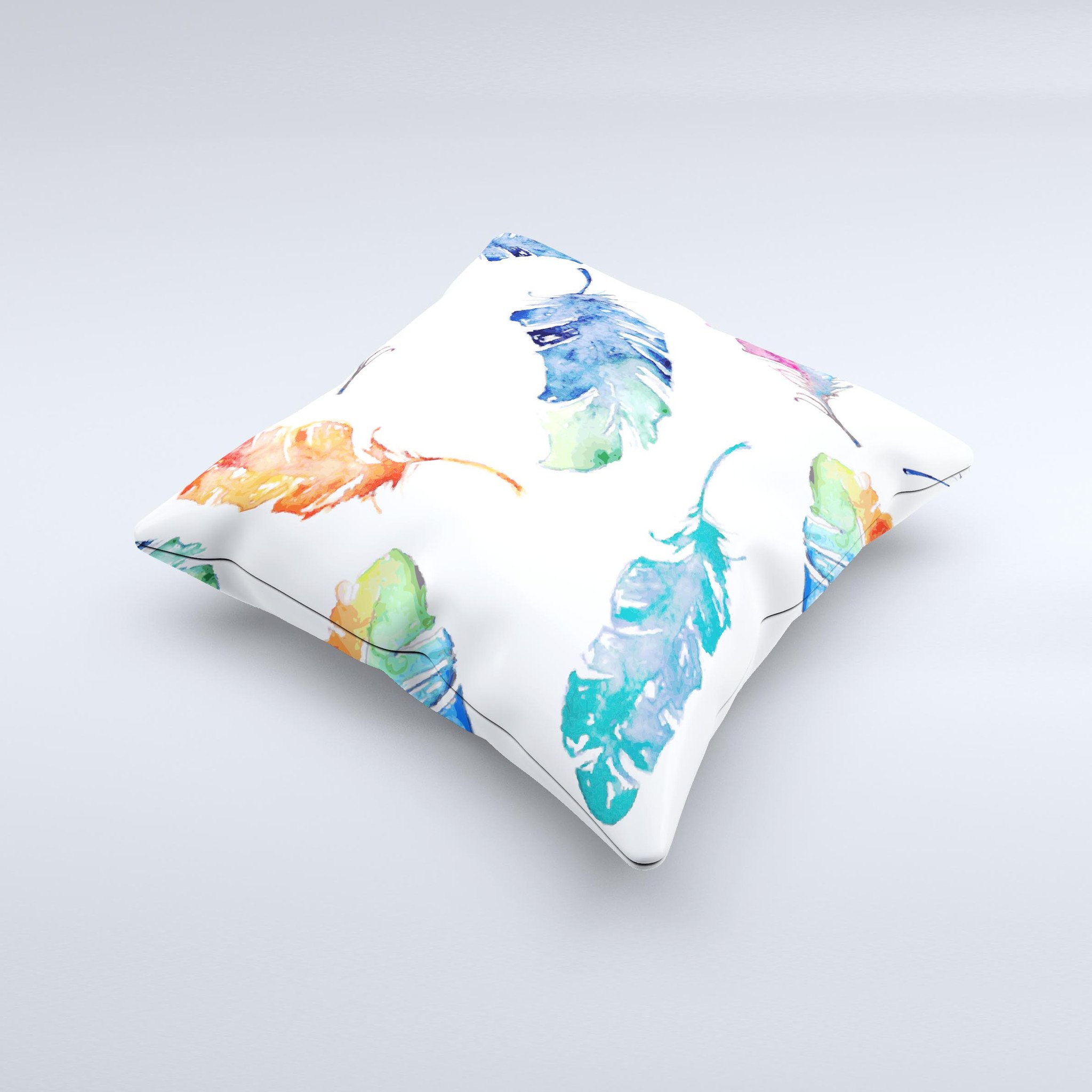 A beautifully handcrafted decorative throw pillow featuring a vibrant watercolour feather design, made in Virginia with high-quality materials.
