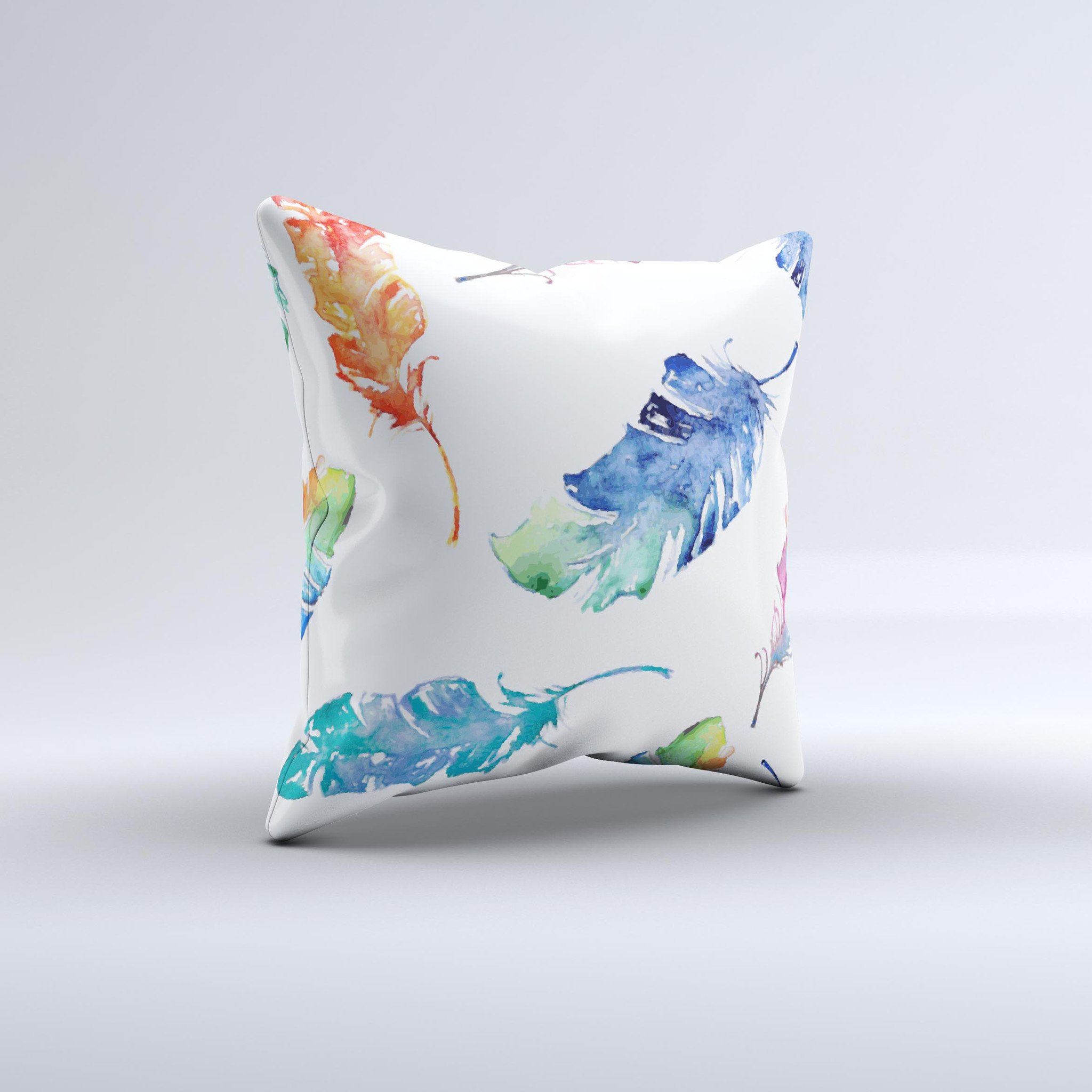 A beautifully handcrafted decorative throw pillow featuring a vibrant watercolour feather design, made in Virginia with high-quality materials.