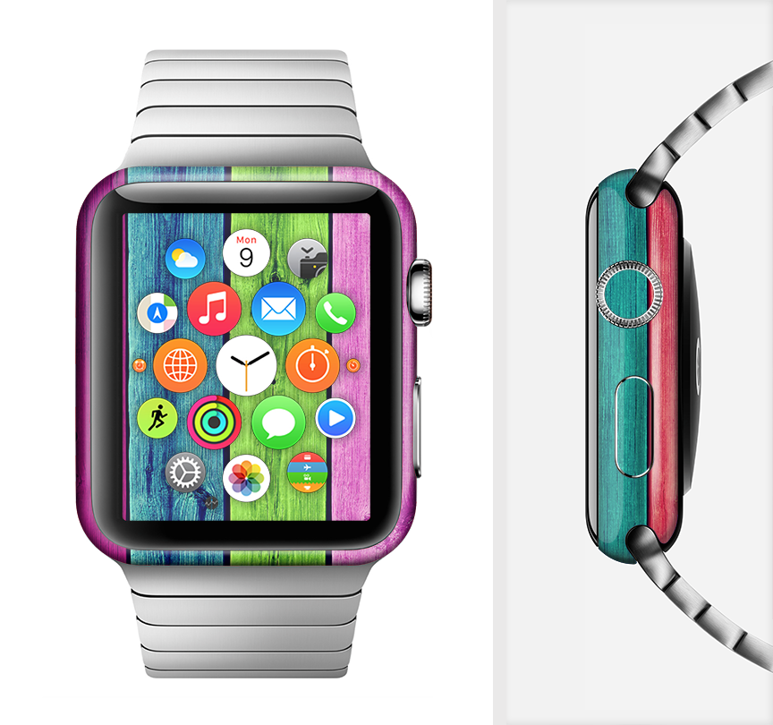 Wide Neon Wood Planks Full-Body Skin Kit for Apple Watch, showcasing vibrant colors and wood-like texture.