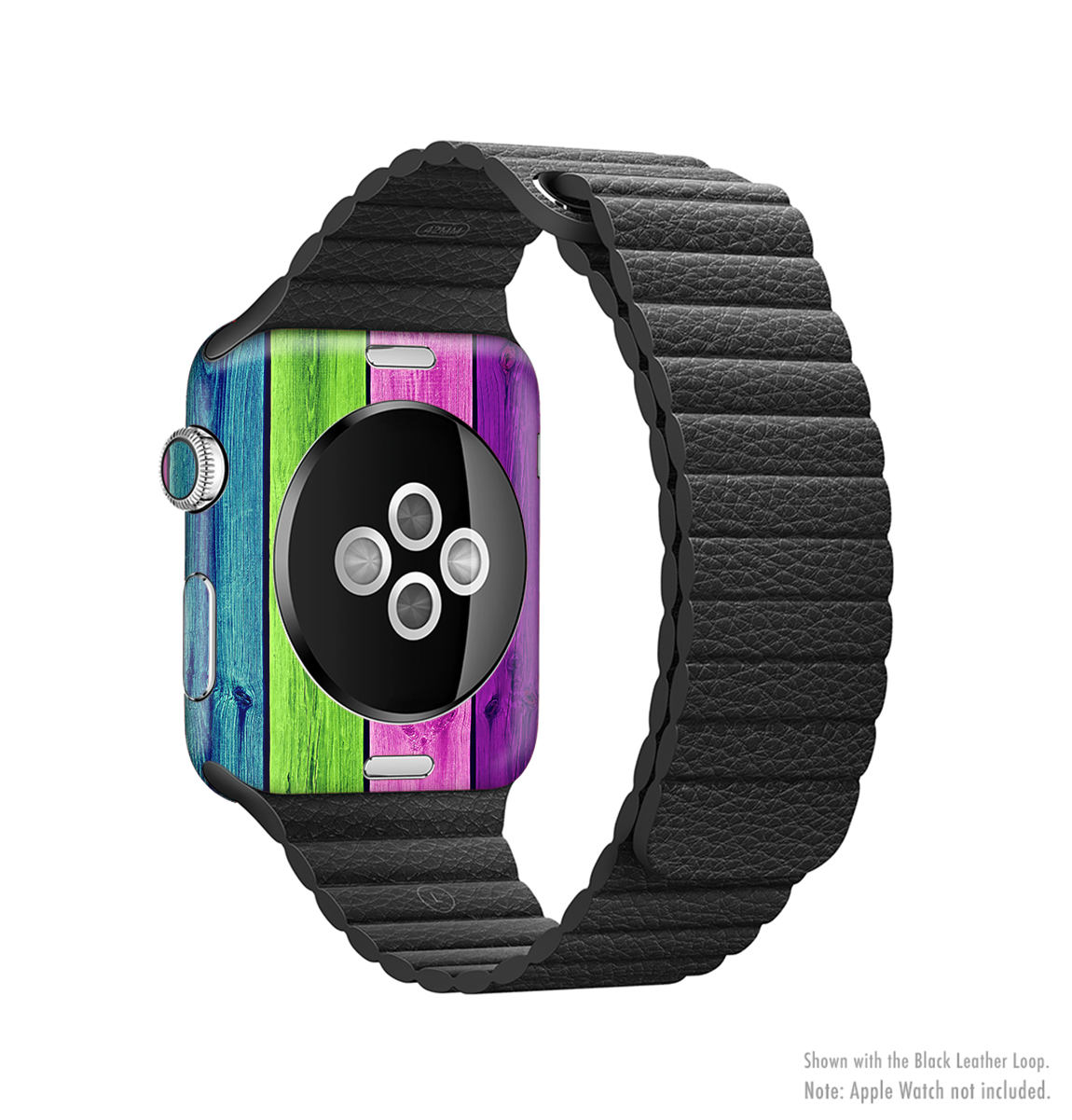 Wide Neon Wood Planks Full-Body Skin Kit for Apple Watch, showcasing vibrant colors and wood-like texture.