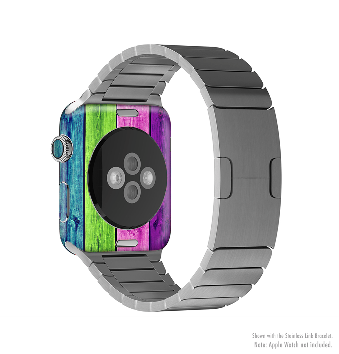 Wide Neon Wood Planks Full-Body Skin Kit for Apple Watch, showcasing vibrant colors and wood-like texture.