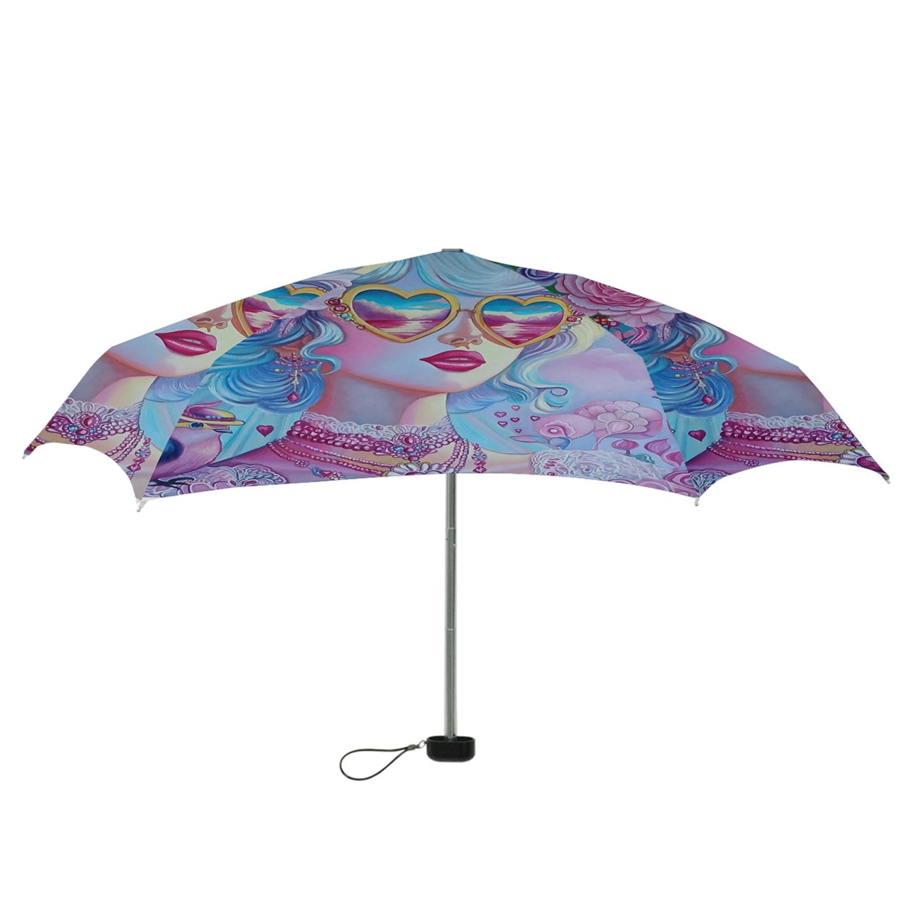 A lightweight Wonderscape Mini Folding Umbrella, showcasing its vibrant customizable design and compact size, perfect for portability.