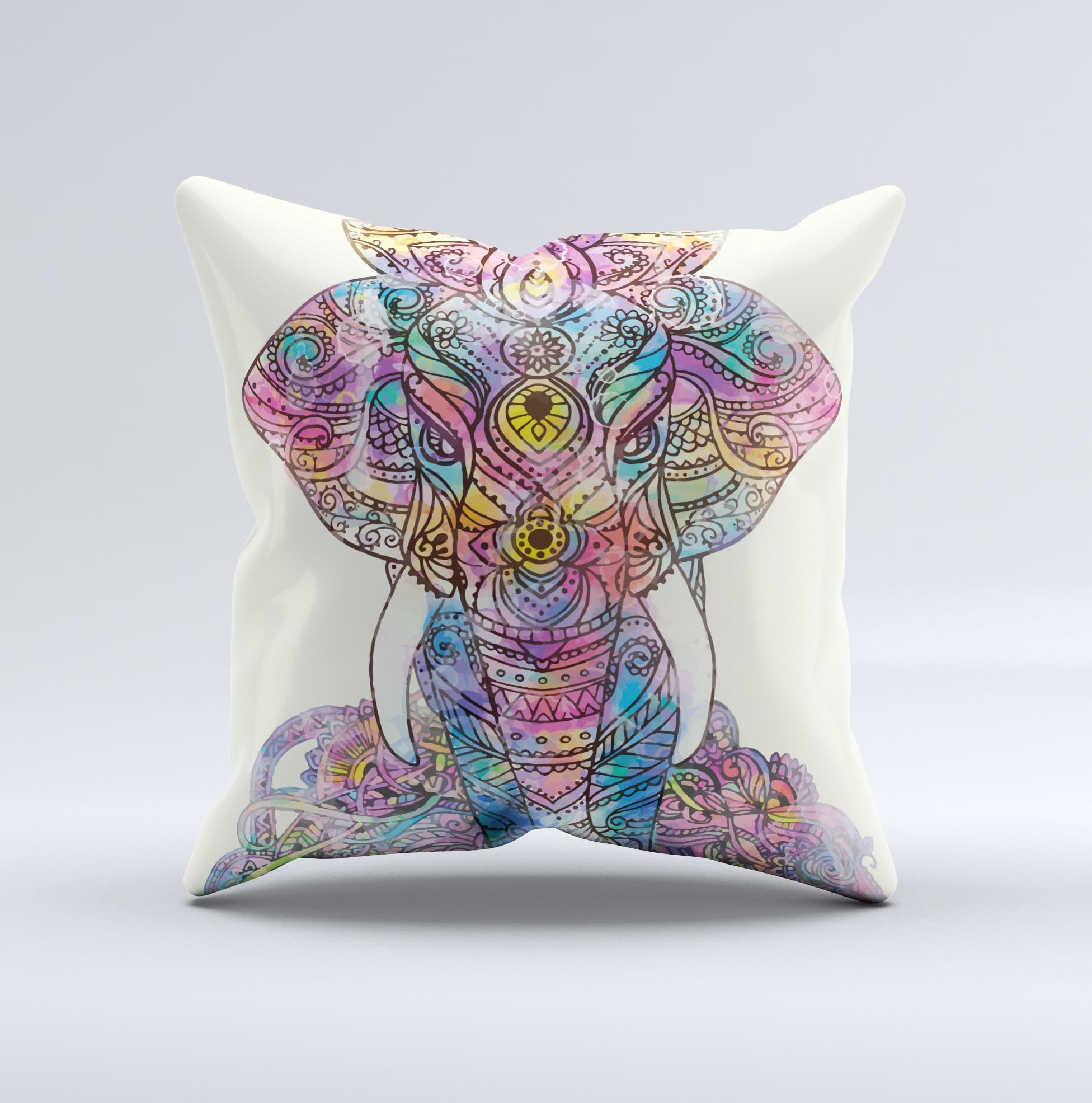 Handcrafted Zendoodle Sacred Elephant decorative throw pillow with intricate design and high-quality fabric.