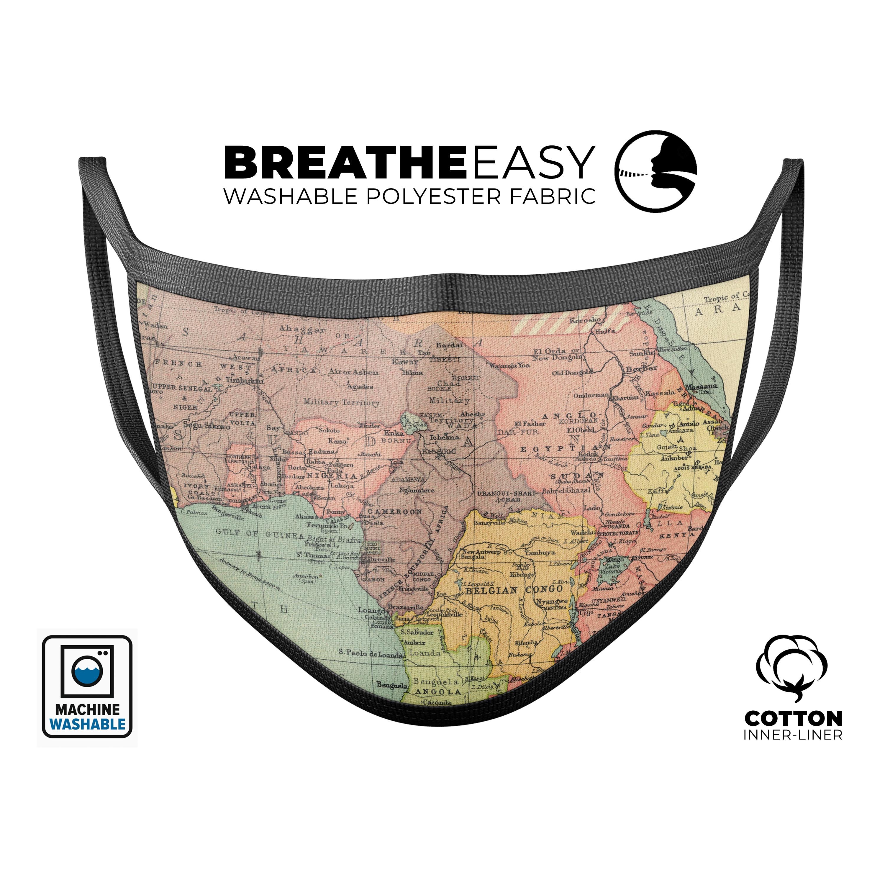 A stylish Zoomed In Africa Map mouth cover, featuring a vibrant 3D design, adjustable ear-loops, and made from comfortable cotton material.