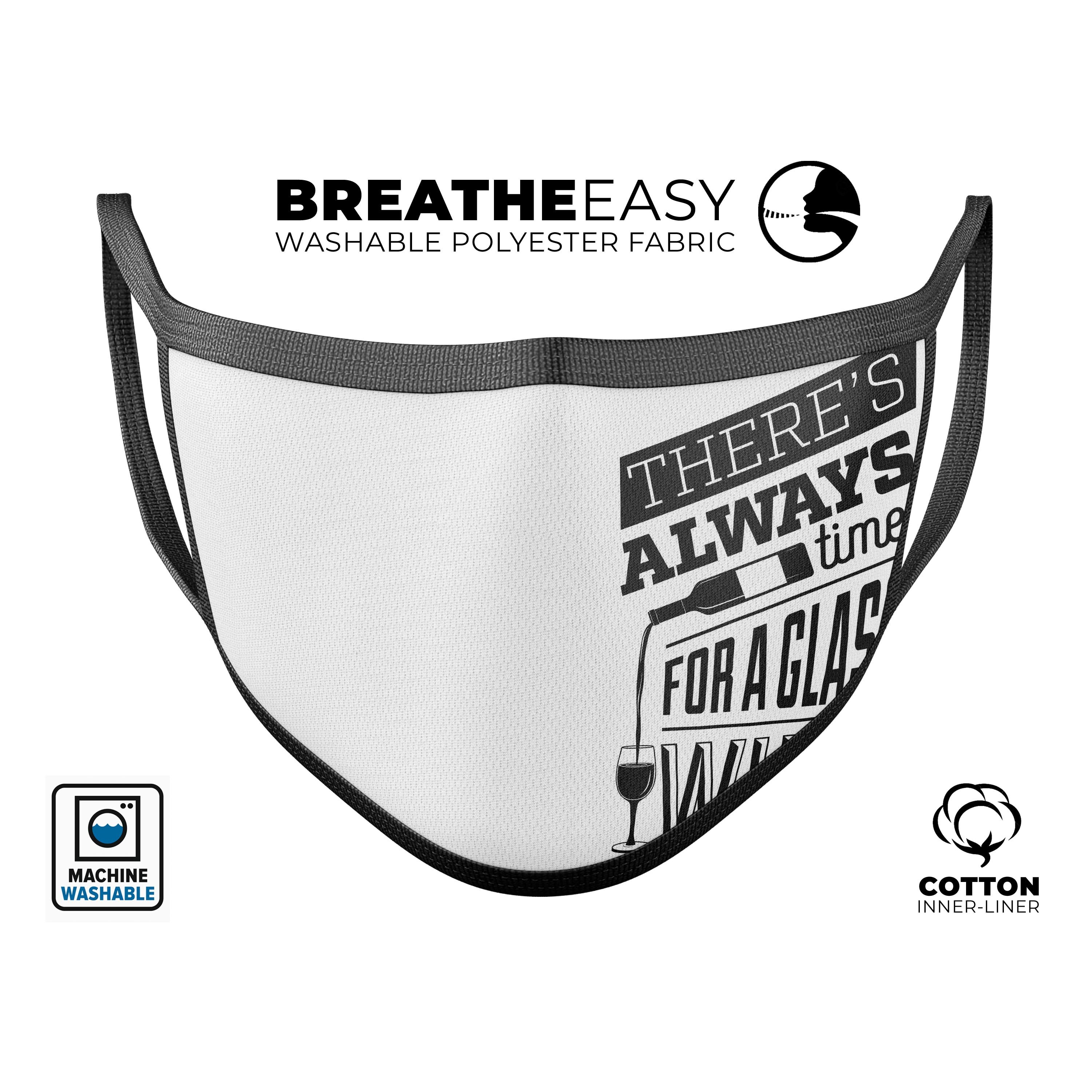 A stylish mouth cover featuring a wine-themed design, made in the USA, showcasing vibrant colors and adjustable ear loops for a perfect fit.