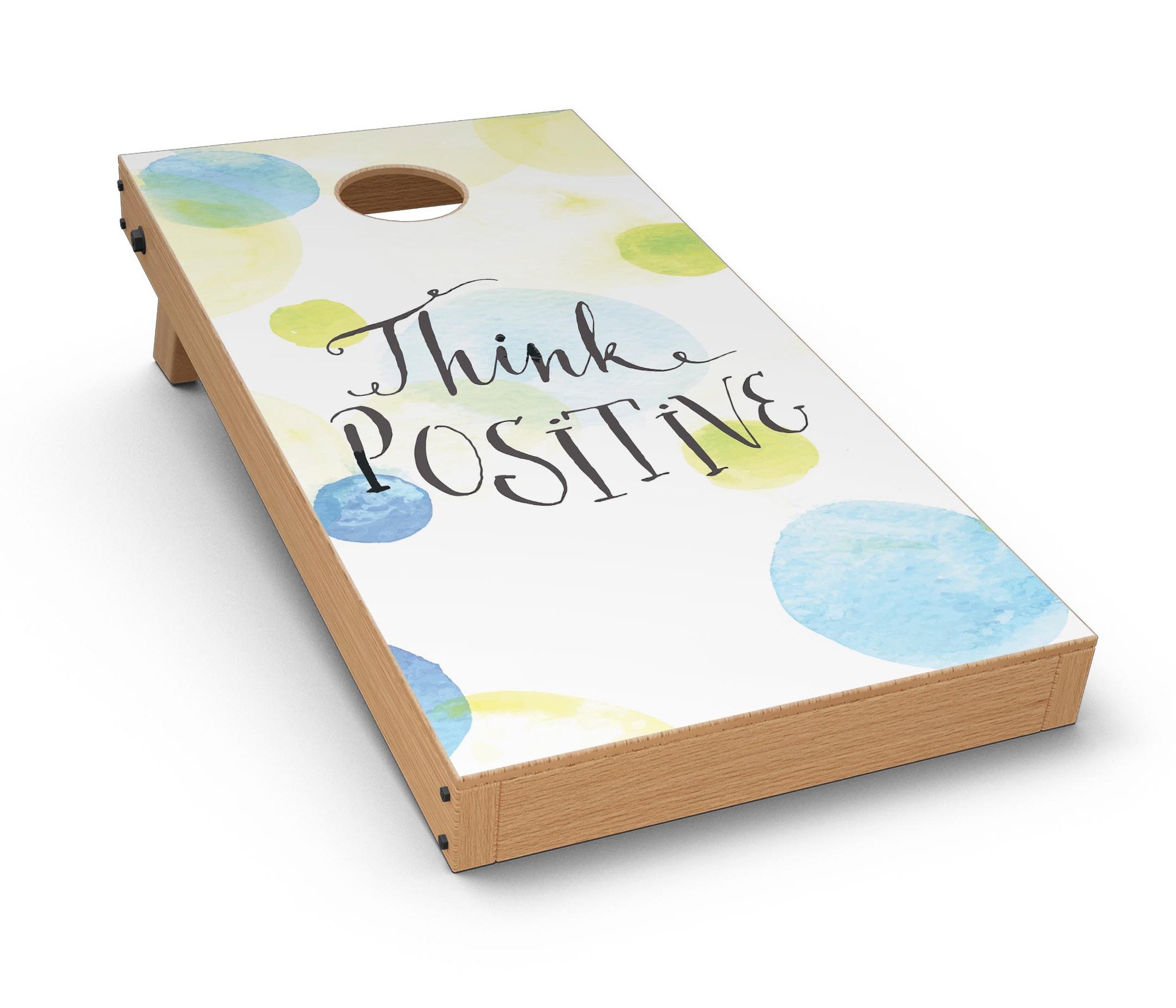 Think Positive CornHole Board Skin Decal Kit featuring vibrant designs for Cornhole boards, showcasing easy application and premium vinyl material.