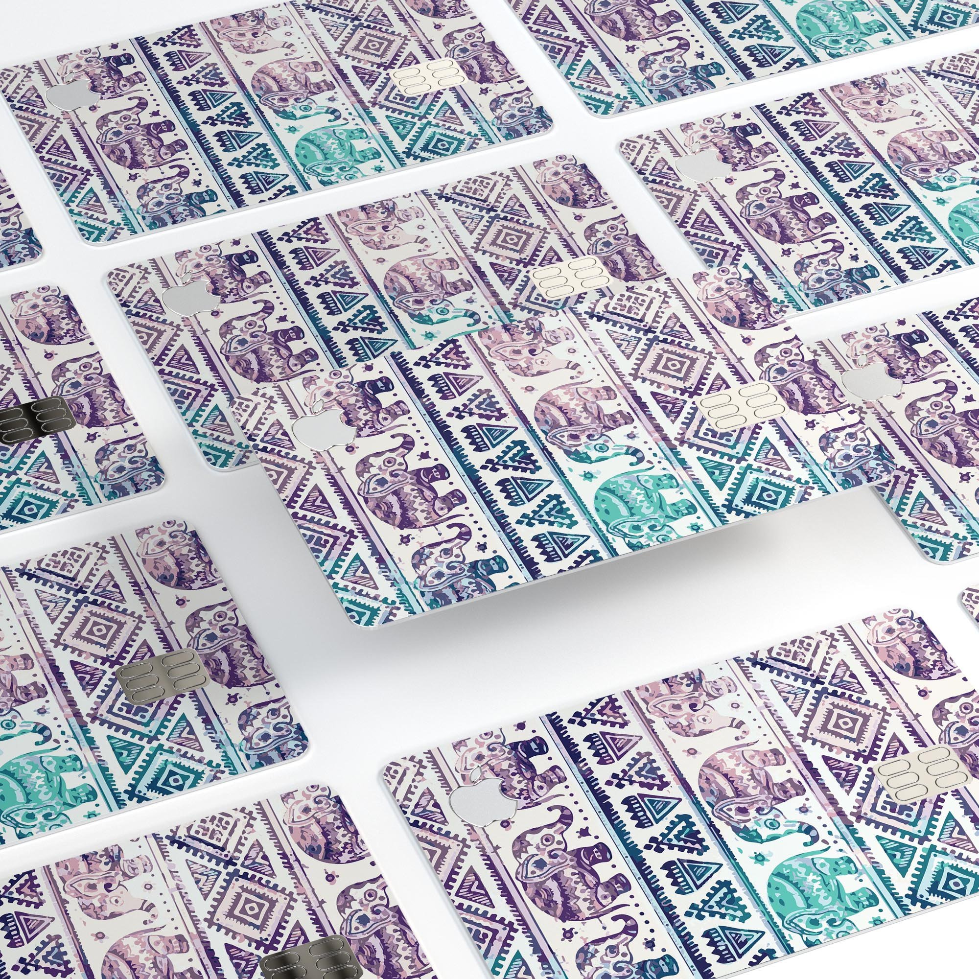 Tie-Dyed Aztec Elephant Pattern V2 decal skin for Apple Card, showcasing vibrant colors and intricate design.