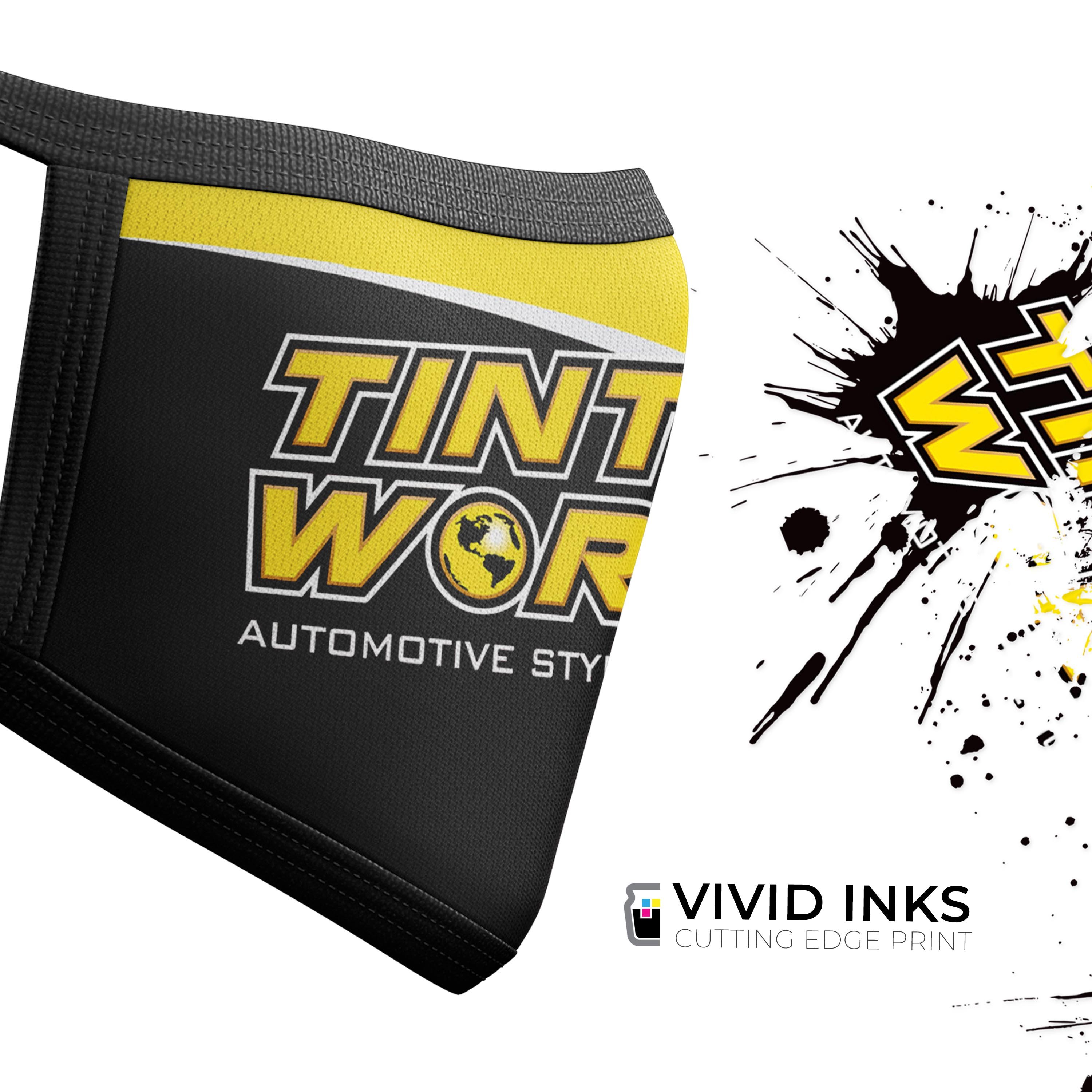 Tint World V1 Mouth Cover, a unisex anti-dust mask made from cotton blend, featuring adjustable ear loops and vibrant dye-sublimated design.