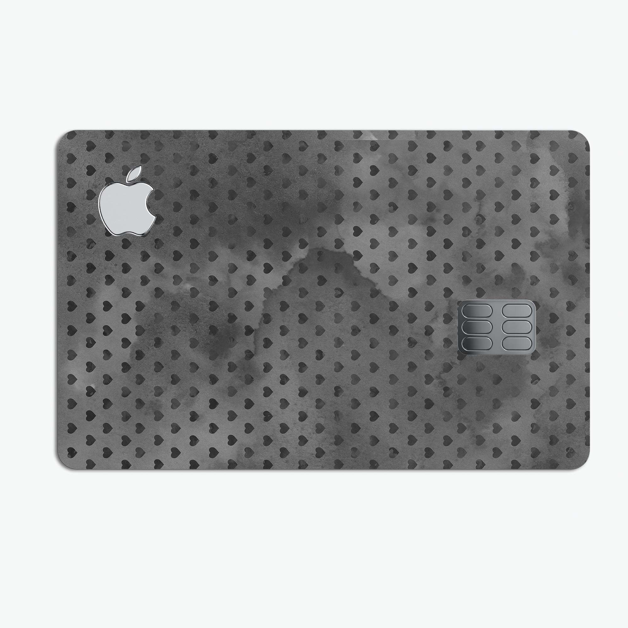 Tiny Coal Watercolor Hearts decal skin for Apple Card, showcasing a colorful heart design on a protective vinyl layer.