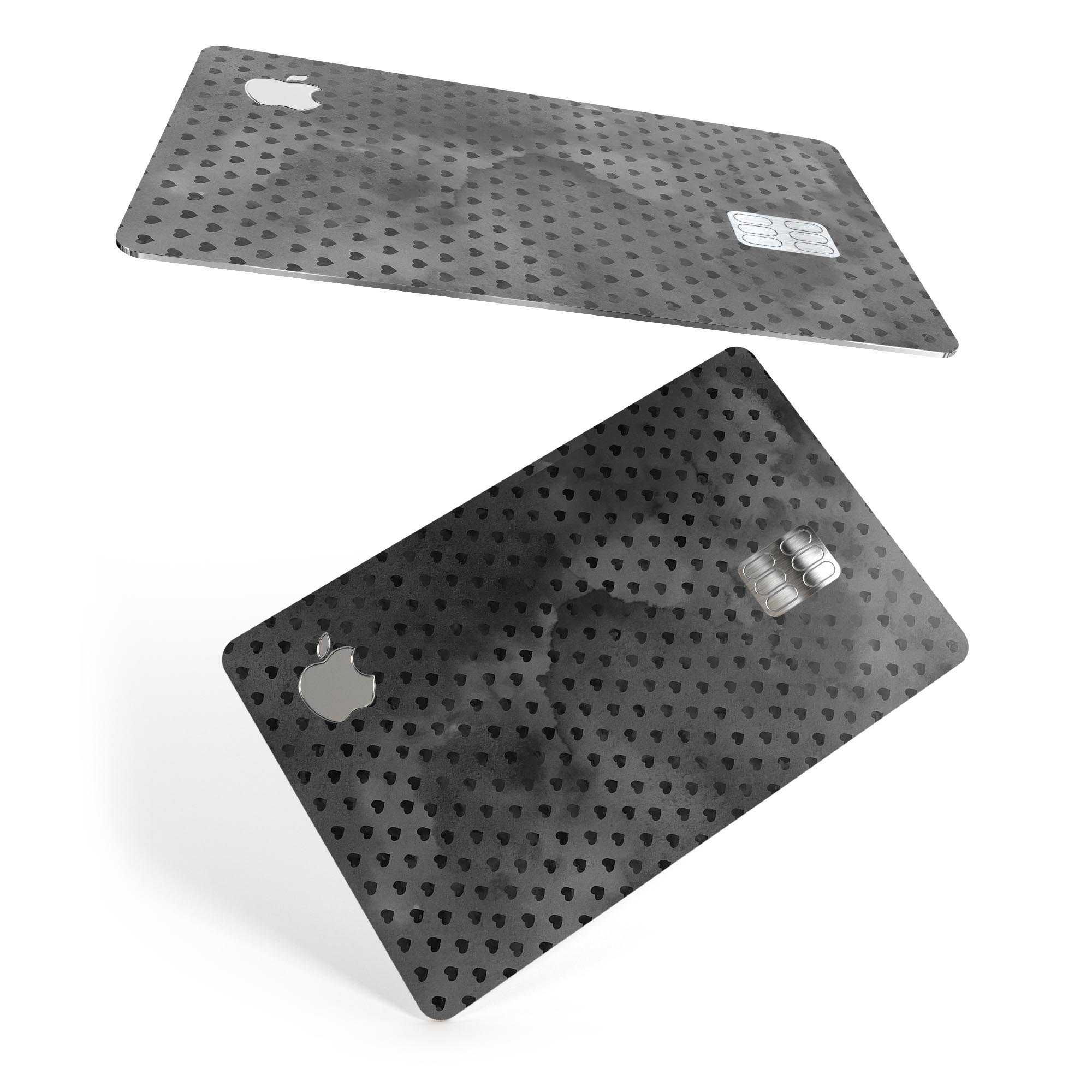Tiny Coal Watercolor Hearts decal skin for Apple Card, showcasing a colorful heart design on a protective vinyl layer.
