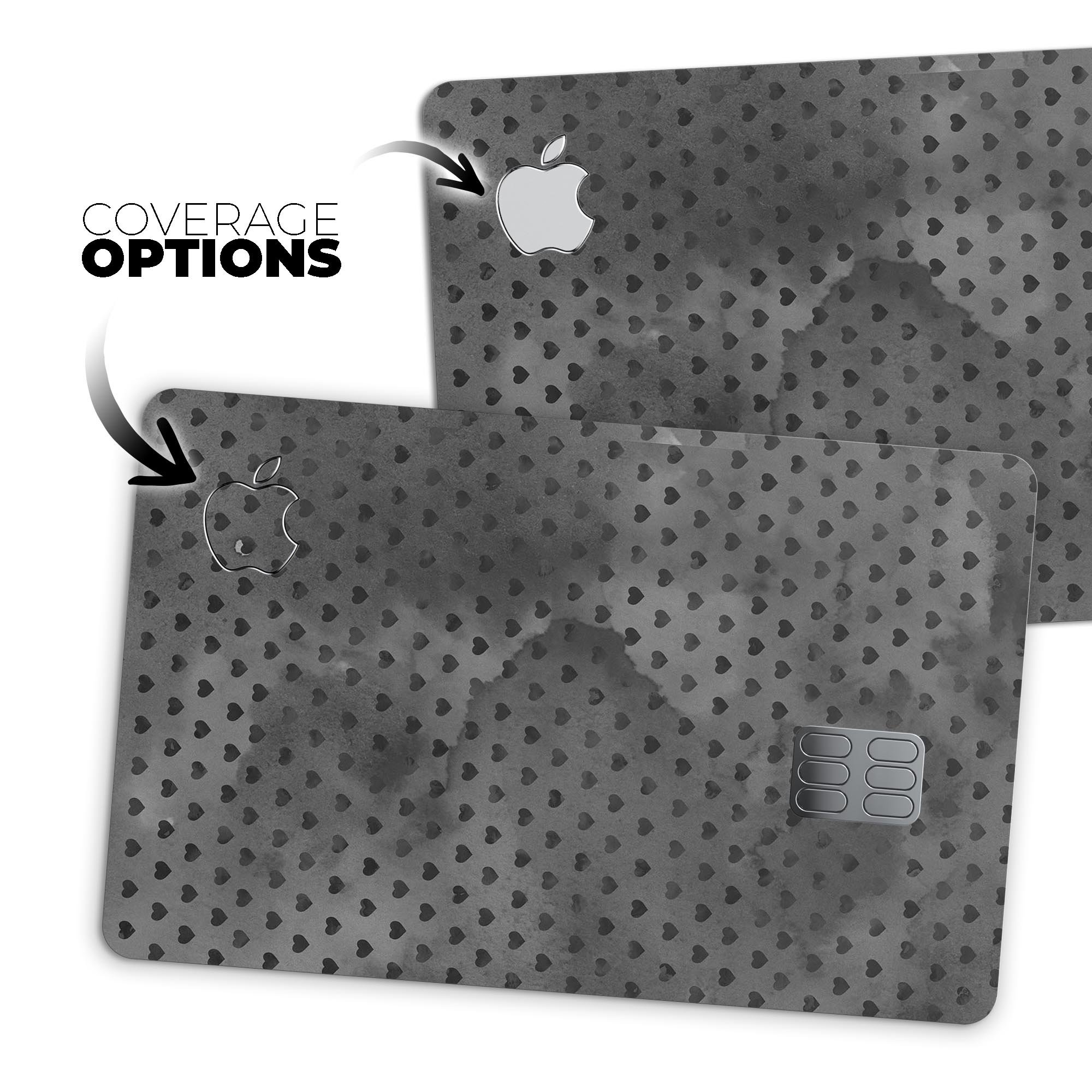 Tiny Coal Watercolor Hearts decal skin for Apple Card, showcasing a colorful heart design on a protective vinyl layer.