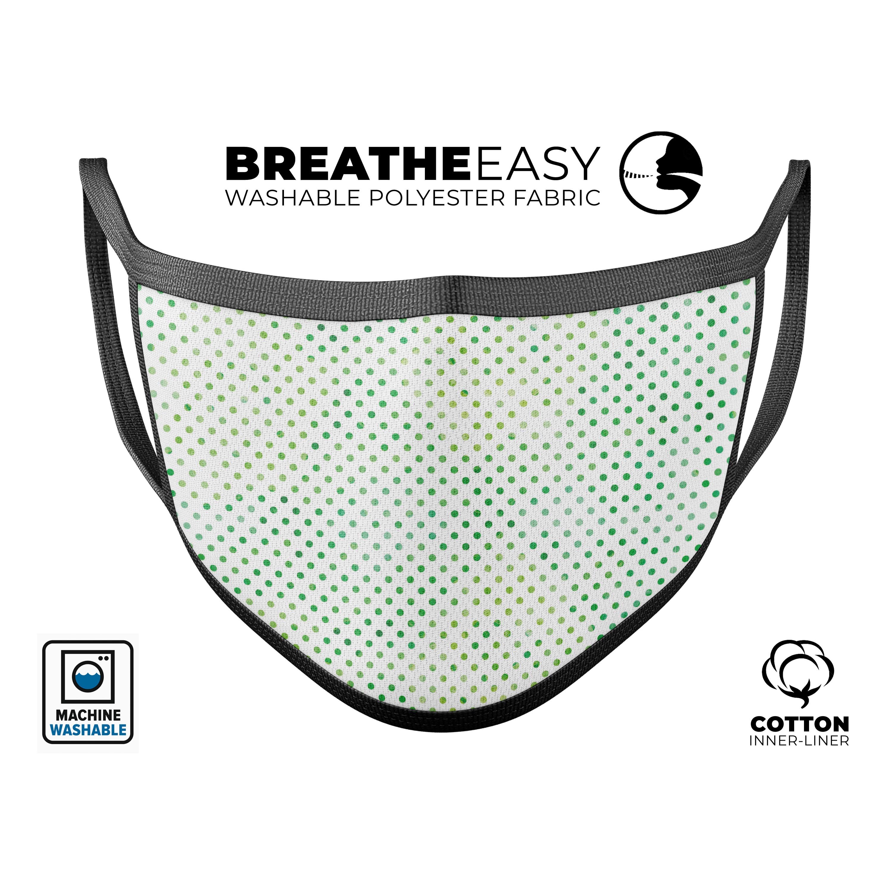 Tiny Green Watercolor Polka Dots reusable mouth cover, showcasing vibrant colors and adjustable ear loops for a comfortable fit.