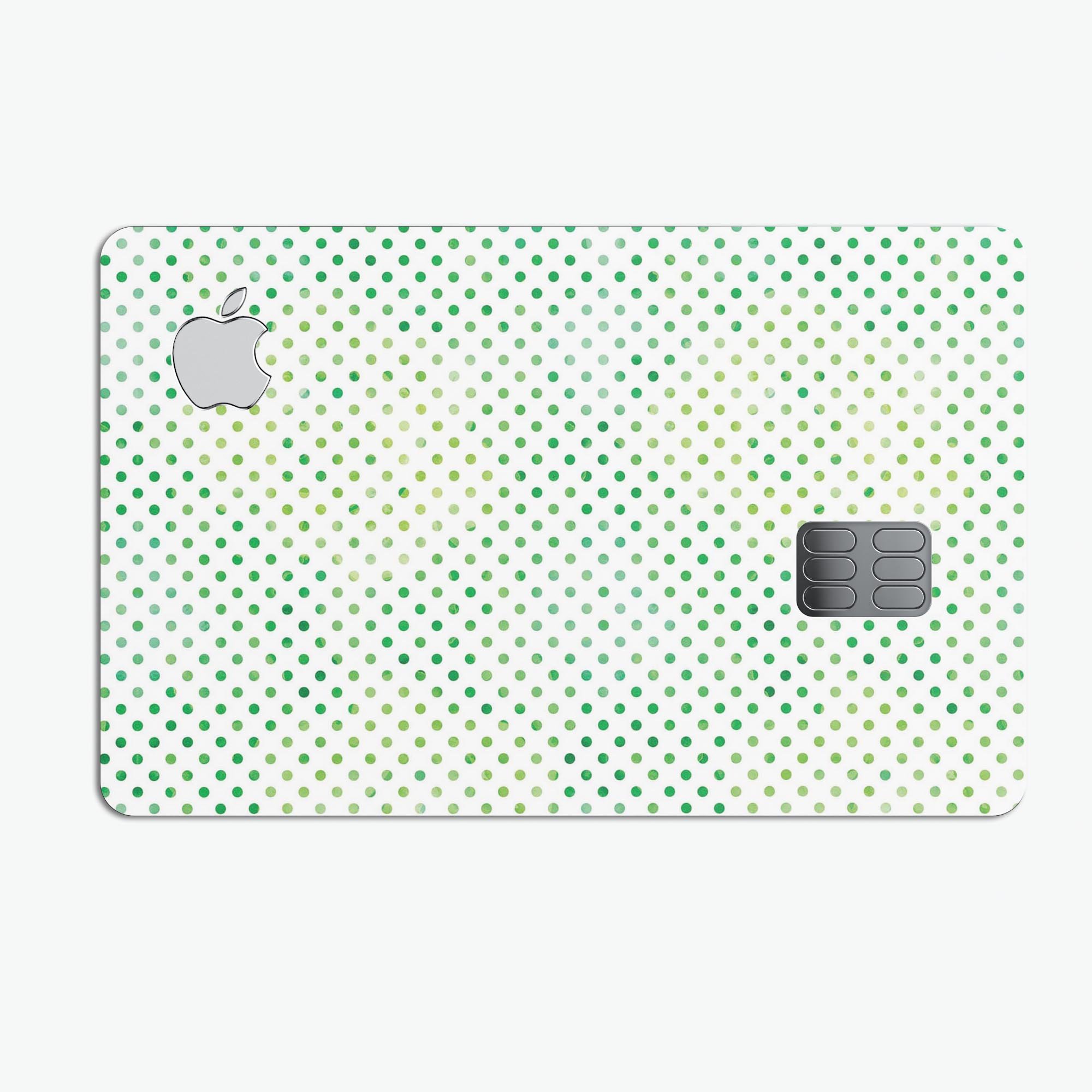 Tiny Green Watercolor Polka Dots decal skin for Apple Card, showcasing vibrant colors and a protective design.